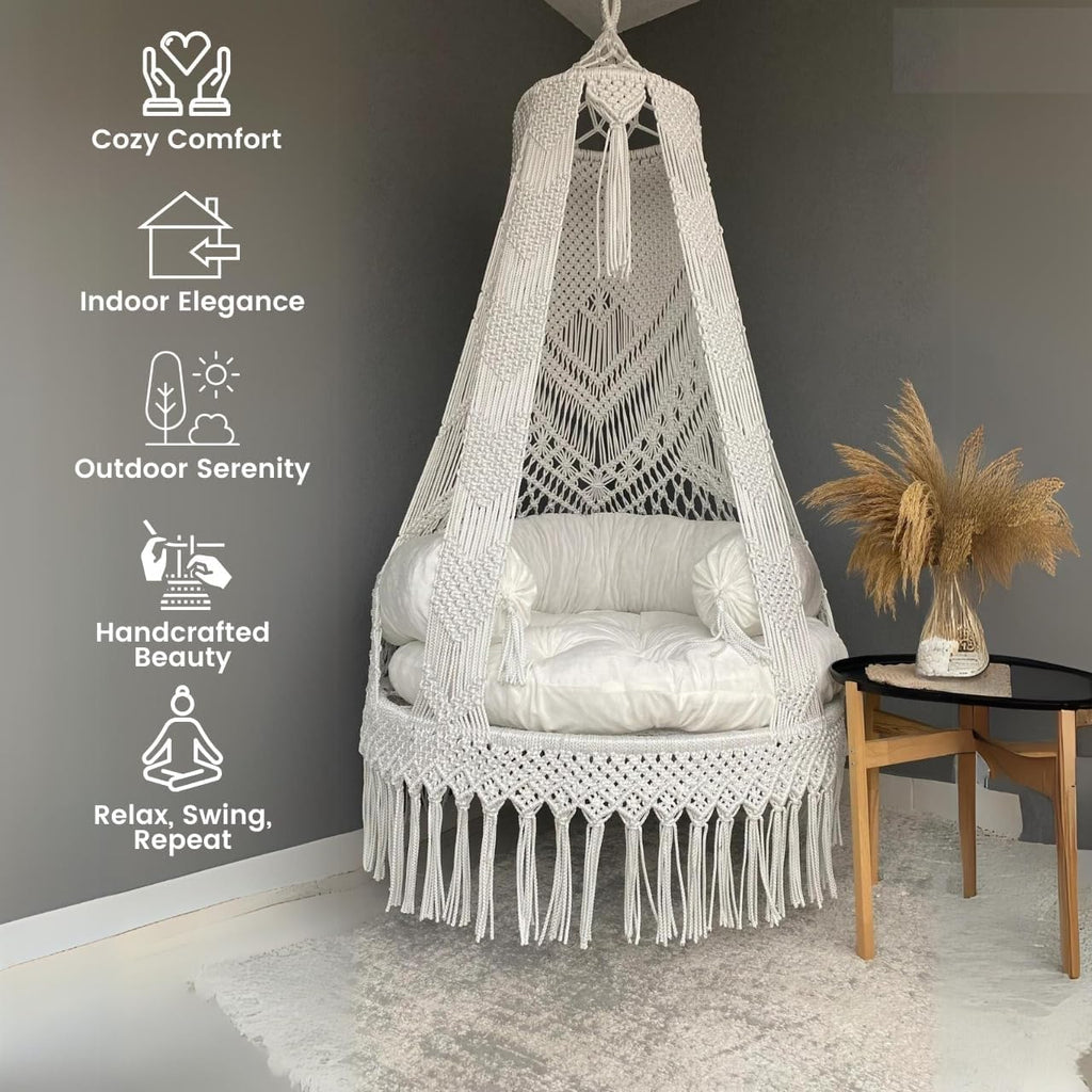 Premium Cotton Macrame Swing Hammock Chair for Adults & Kids – Indoor & Outdoor Hanging Jhula for Patio, Balcony, Deck, Living Room – Boho Style, Large Size, 353Lbs Capacity