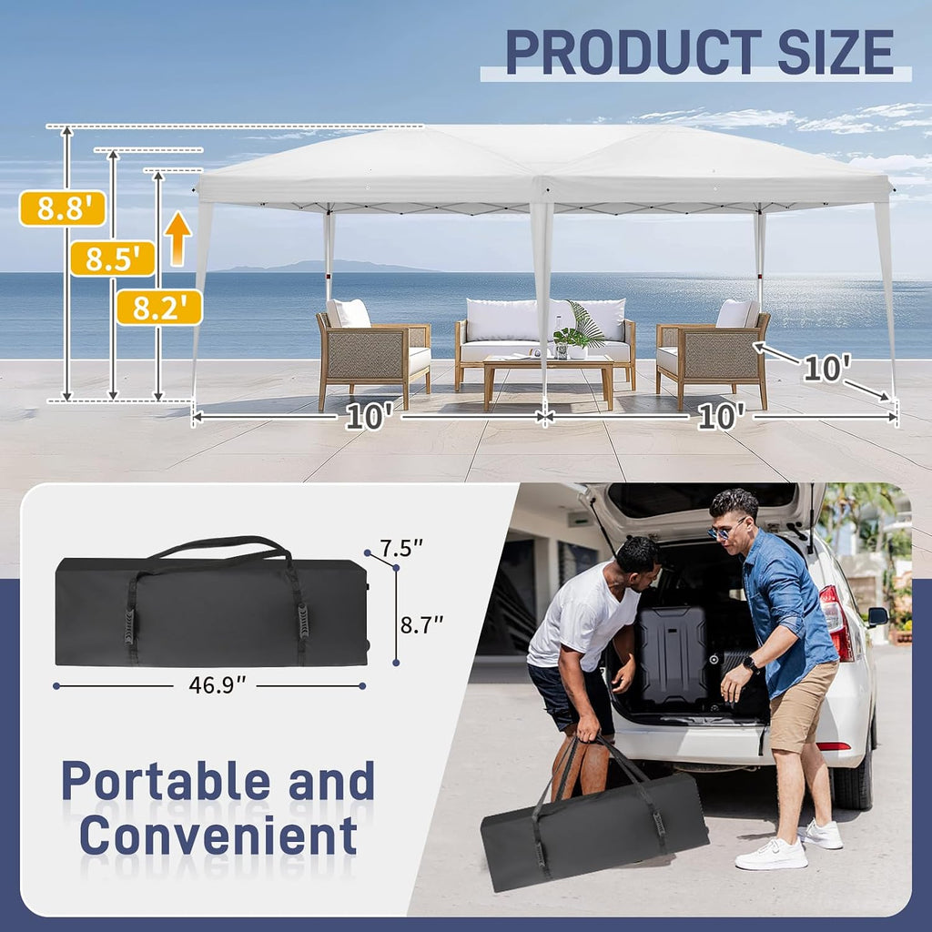 VINGLI 10'x20' Pop Up Canopy Tent Portable Instant Gazebo Party Tent with Carry Bag Outdoor Canopy for Outdoor Events, Party, Wedding (White)
