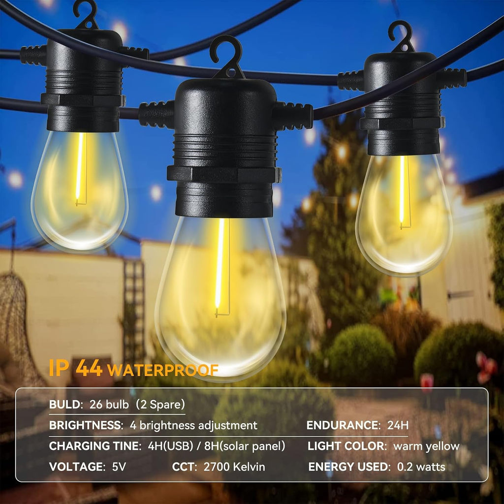 Aoxun 72FT LED Outdoor String Lights with 26 Edison Shatterproof Bulbs(2 Spare), Waterproof Hanging Lights for Gazebo, Porch, Deck, Garden, Backyard