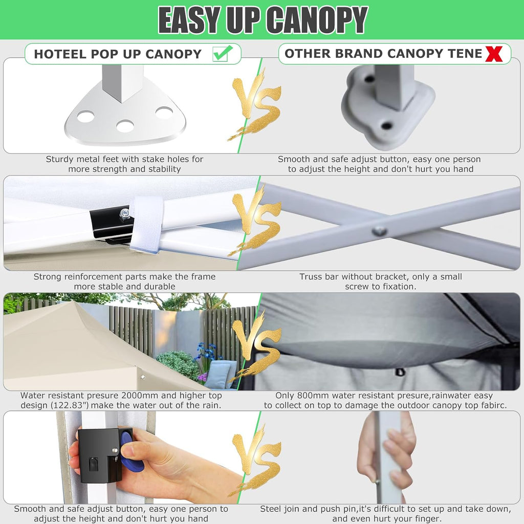 HOTEEL 10x20 Pop up Canopy Tent Without Sidewall Easy Up Commercial Outdoor Wedding Party Tents for Parties All Season Wind & Waterproof Gazebo Roller Bag, Khaki