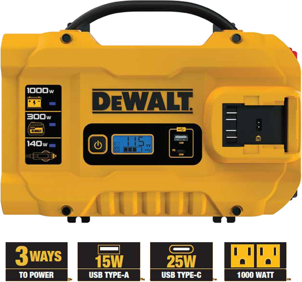 DEWALT DXAEPIP3W 20V, 3-Way Powered (Cables, Battery, DC Plug) 1000 Watt Power Inverter; Dual AC Outlets, 1 USB-A Port, & 1 USB-C 30W Port