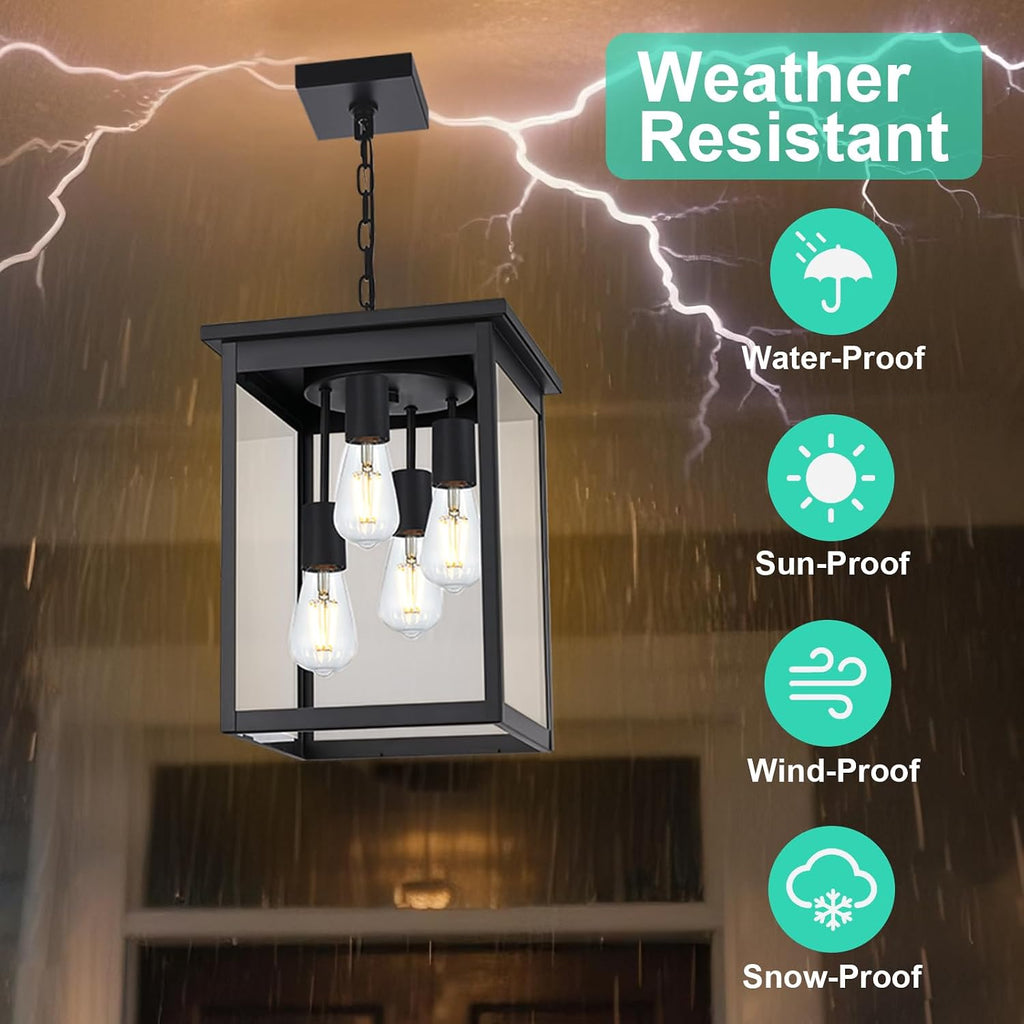 Yaohong Large Outdoor Pendant Lights for Porch, 4-Lights Black Exterior Pendant Light with Clear Glass, Outdoor Porch Light Ceiling Mount Outdoor Hanging Light Fixture for Gazebo, Patio, Entryway