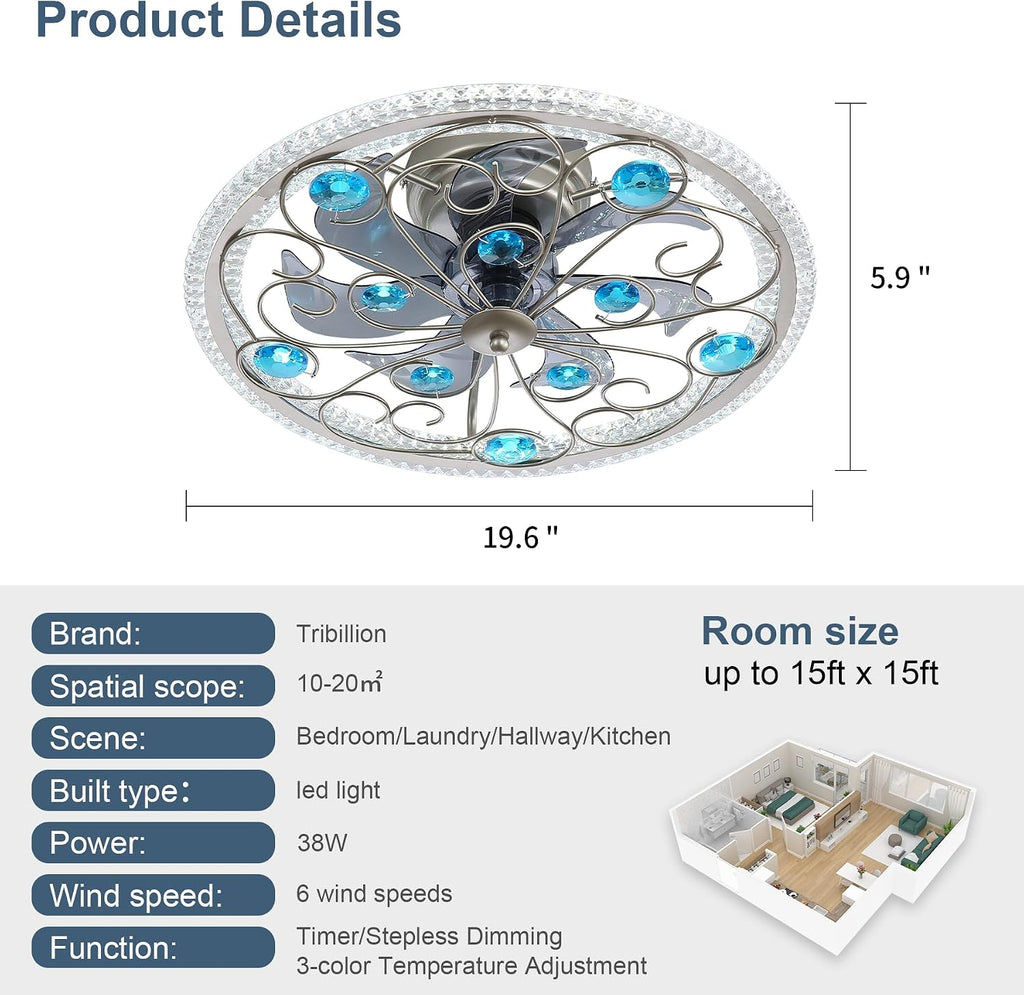 Low Profile Ceiling Fan with Lights 20' Remote Bladeless Ceiling Fan Boho Vintage Flush Mount Ceiling Fans with Light 3 Color Smart LED Dimmable,Handmade Antique Vintage Blue Crystal