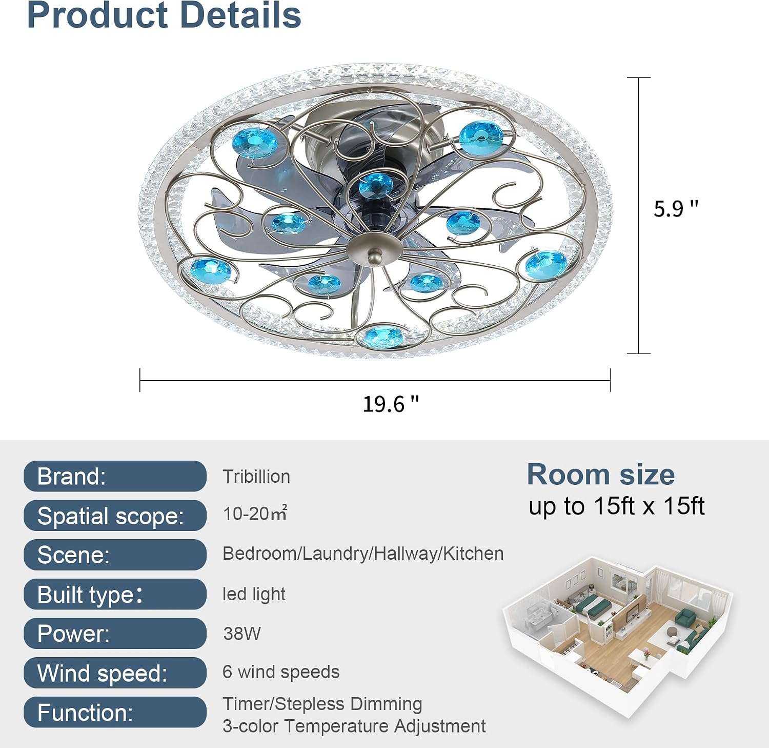 Low Profile Ceiling Fan with Lights 20' Remote Bladeless Ceiling Fan Boho Vintage Flush Mount Ceiling Fans with Light 3 Color Smart LED Dimmable,Handmade Antique Vintage Blue Crystal