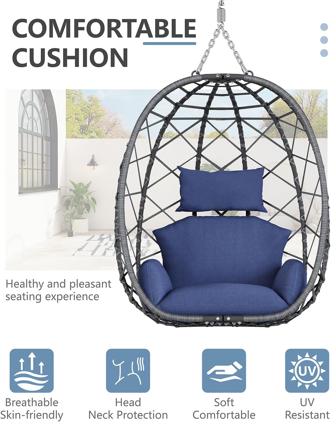 SWITTE Hanging Egg Chair with Stand, Outdoor Indoor Rattan Wicker Egg Swing Chair with Cushion, Heavy Duty Patio Hammock Chairs for Garden Backyard Balcony Bedroom, 400LBS Capacity, Dark Blue