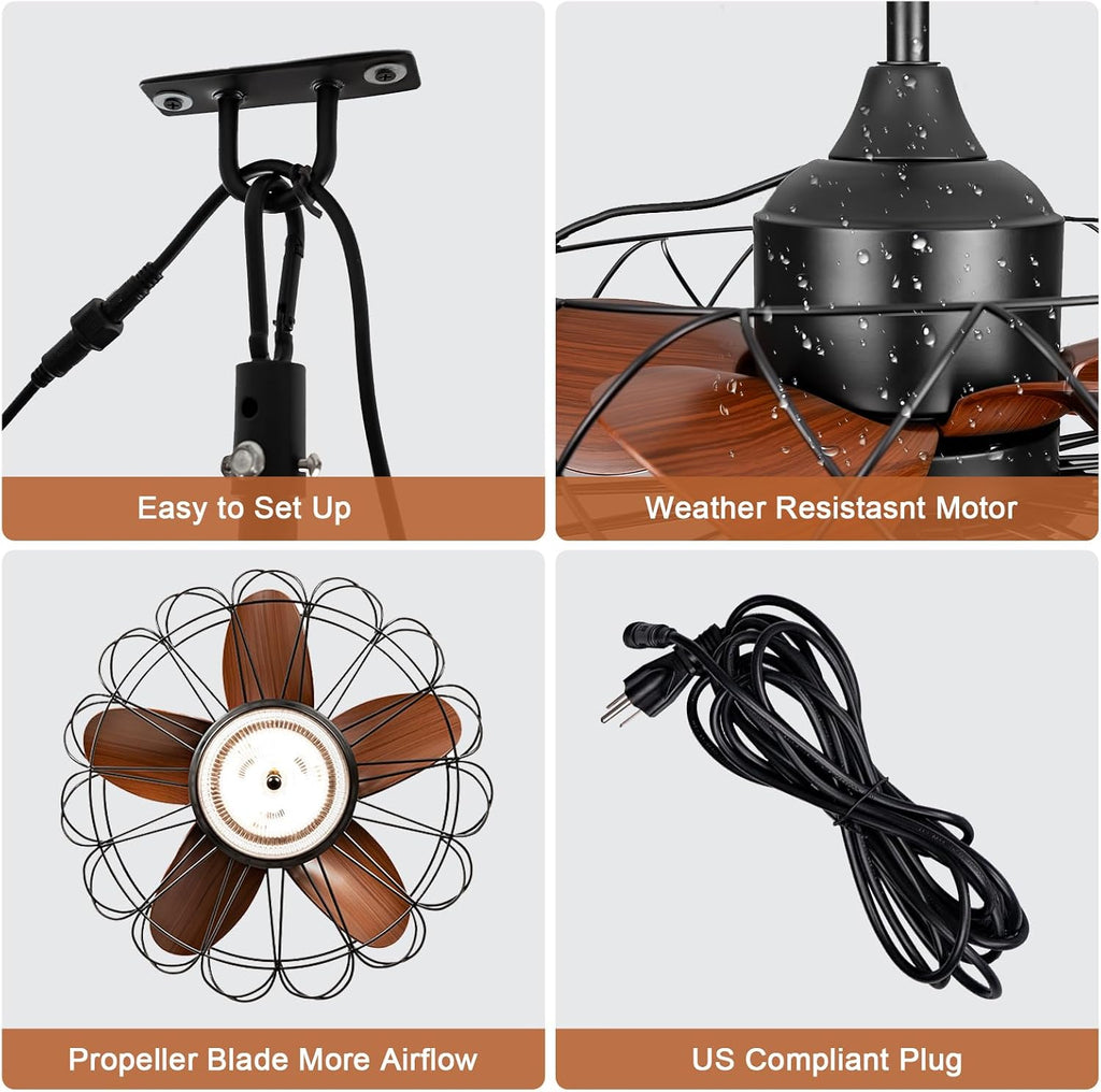 20' Waterproof Outdoor Ceiling Fan with Light for Patios Gazebo Fans Outdoor Hanging Black Caged Fandelier LED Light with Plug-in Cord for Pergola Porch Gazebo, Remote APP Control, 6 Speeds