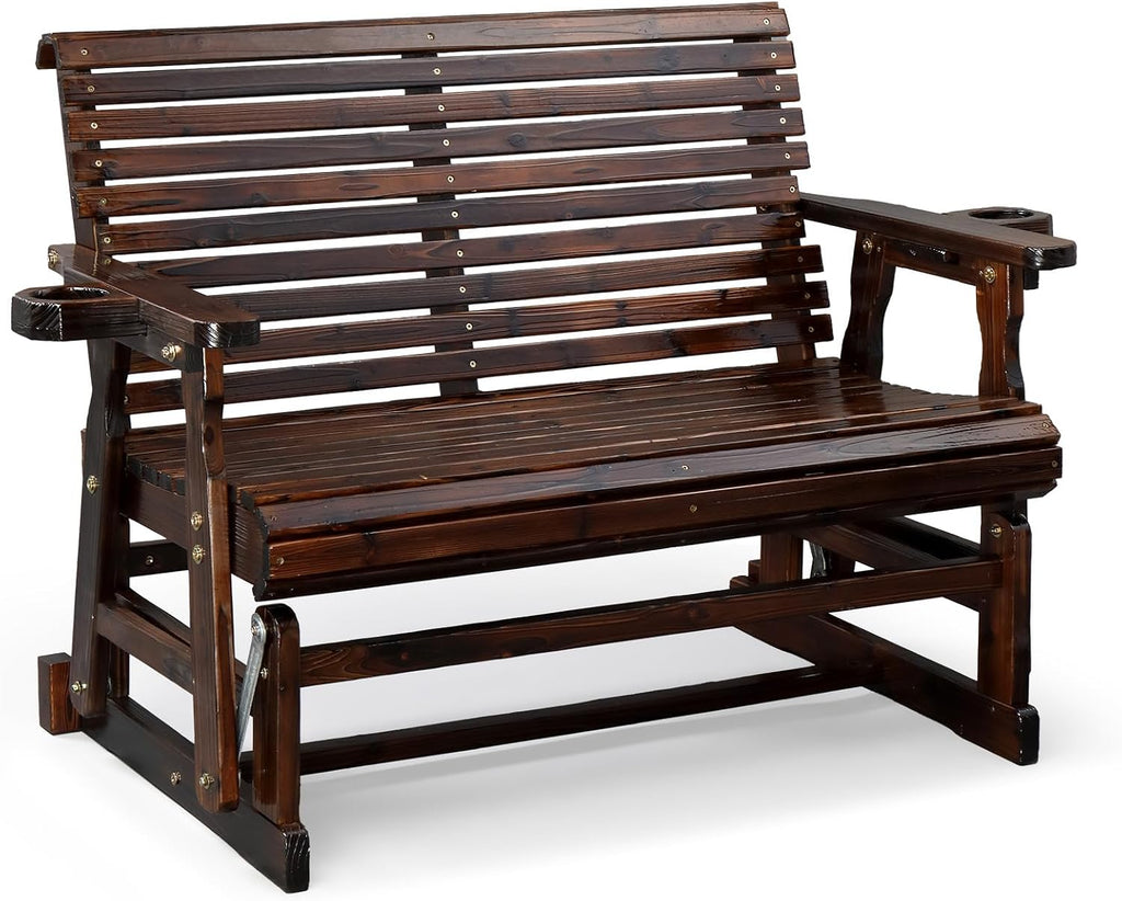 VINGLI Outdoor Glider Wood Patio Chair with Cup Holders, Outdoor Bench Glider Loveseat with Smooth Rocking Mechanism, Heavy Duty 800 LBS, Rustic