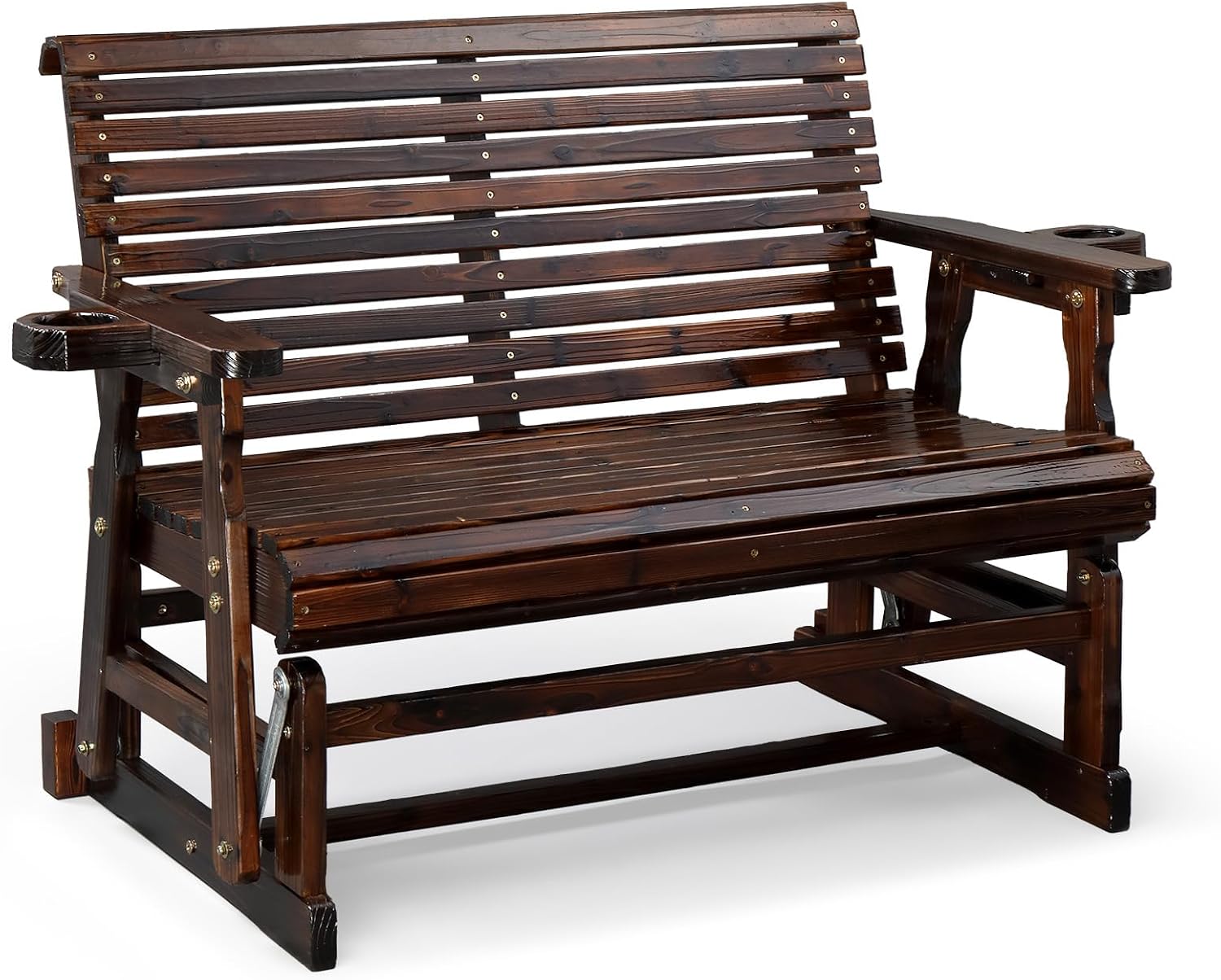 VINGLI Outdoor Glider Wood Patio Chair with Cup Holders, Outdoor Bench Glider Loveseat with Smooth Rocking Mechanism, Heavy Duty 800 LBS, Rustic