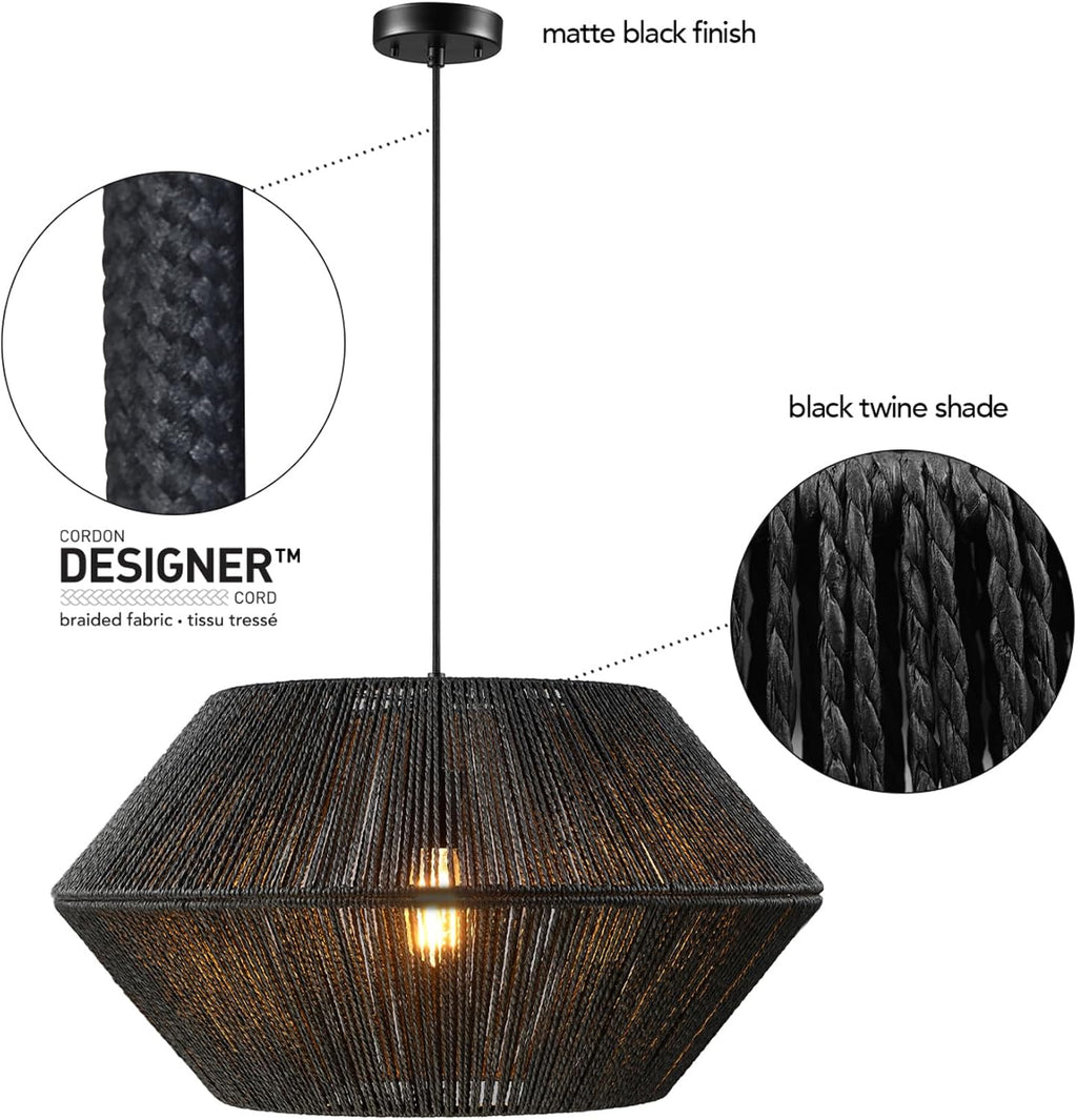 GLOBE Electric 65470 1-Light Chandelier, Matte Black Shade and Canopy, Natural Twine, Cloth Cord, Modern Hanging Lights for Kitchen Island, Bedroom, or Dining Room, Dimmer Switch Compatible