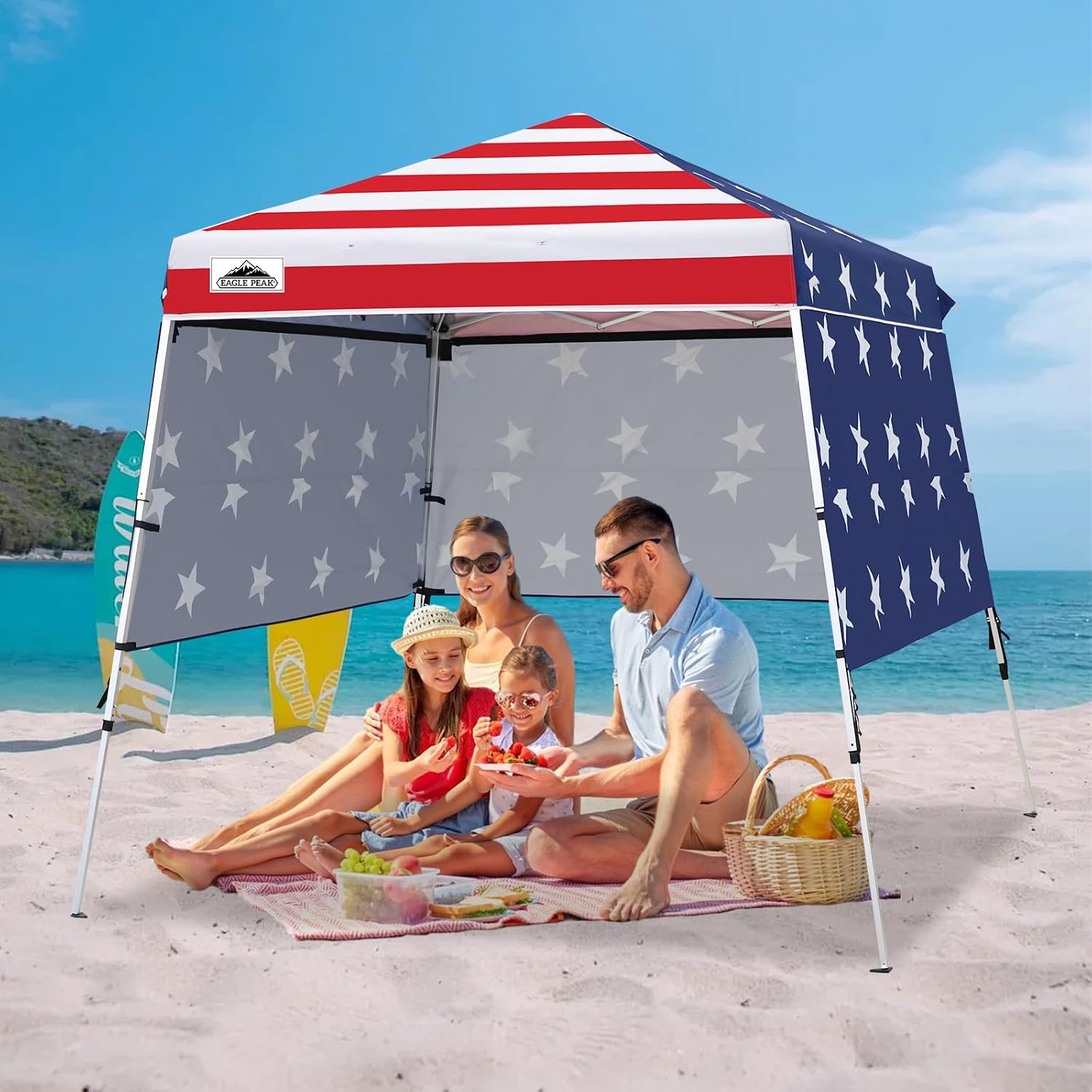 EAGLE PEAK Day Tripper 8x8 Aluminum Super-Lightweight Pop Up Canopy with 3 Removable Walls, Instant Outdoor Backpack Canopy Tent, Outside Beach Folding Sun Shelter, 8x8 Base 6x6 Top, American Flag