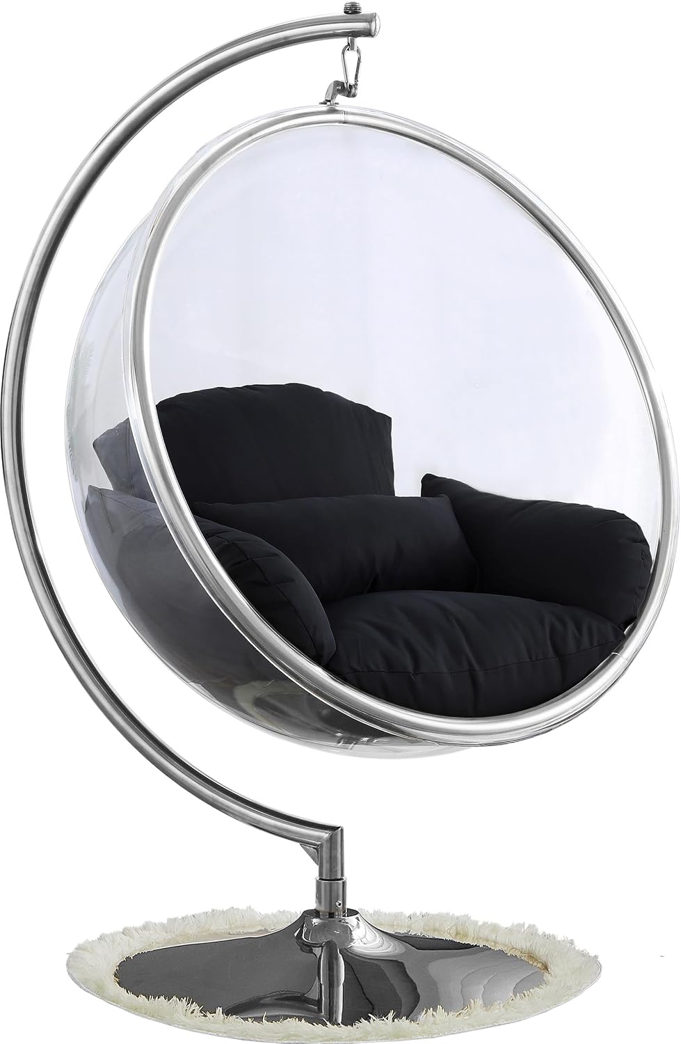 Meridian Furniture 507Black Luna Collection Modern | Contemporary Clear Acrylic Accent Swing Chair with Durable Metal Base and Fabric Seat, Black, Chrome Finish, 41.5' W x 29.5' D x 64' H