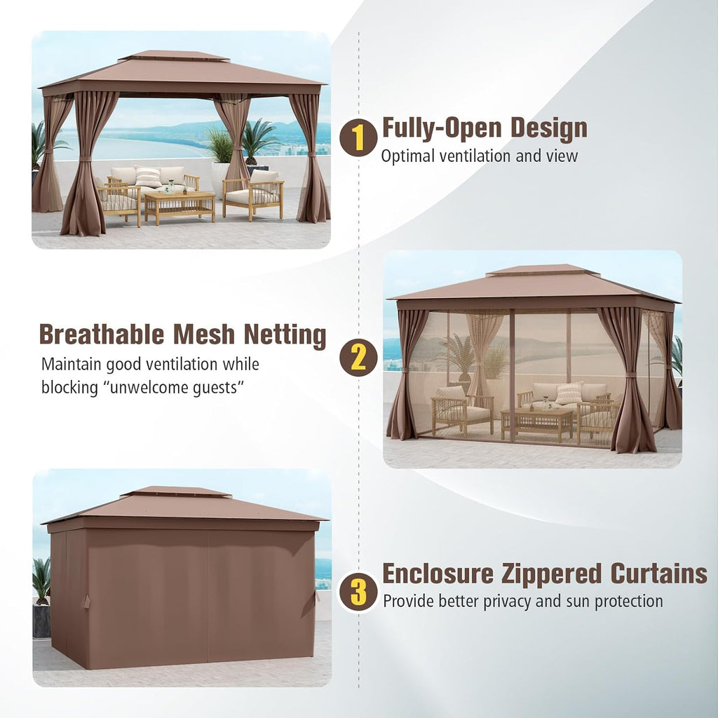 Tangkula 10x13 FT Outoor Gazebo, Metal Patio Gazebo with Mesh Netting & Privacy Curtains, Heavy-Duty Metal Frame, 2-Tier Vent for Yard Deck Poolside