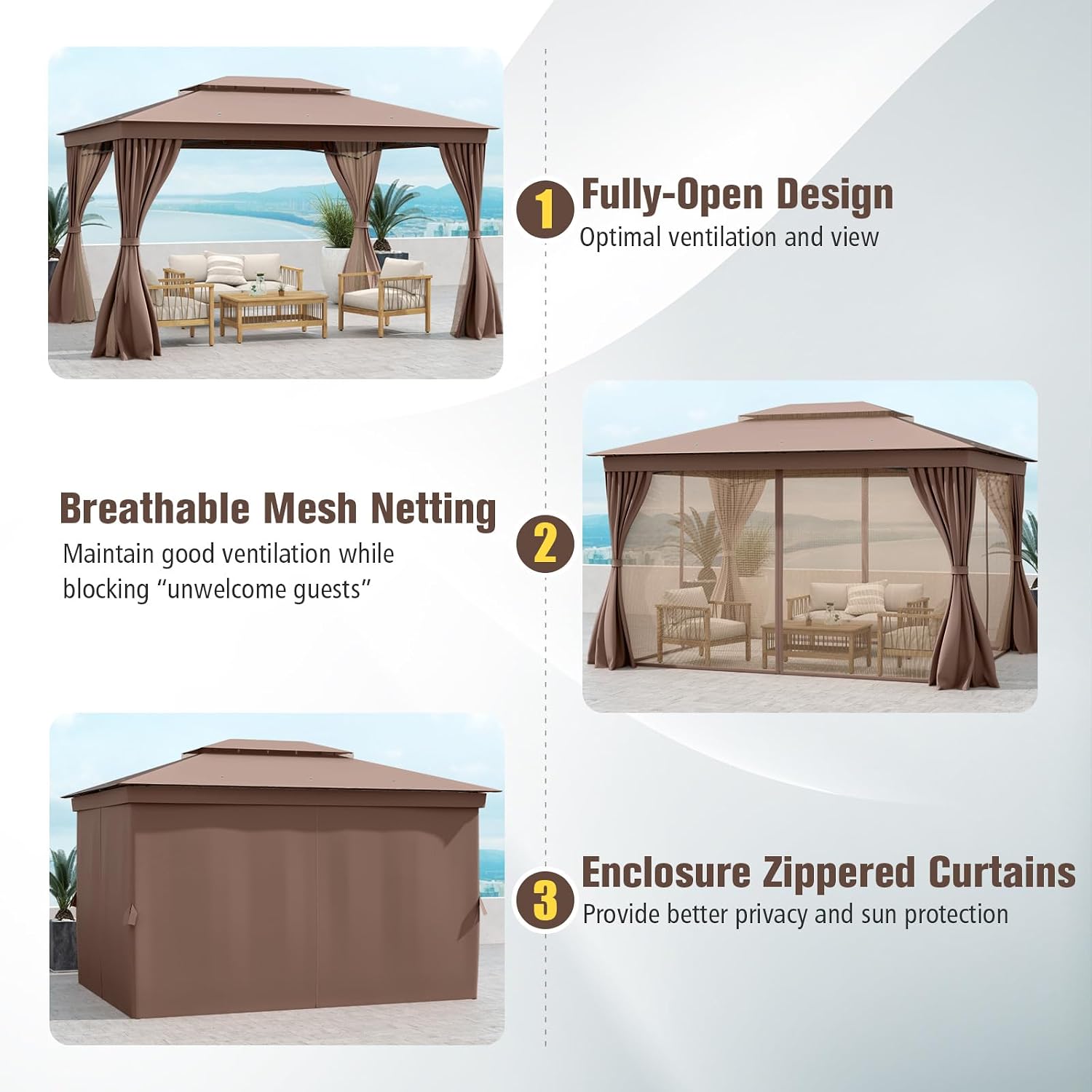 Tangkula 10x13 FT Outoor Gazebo, Metal Patio Gazebo with Mesh Netting & Privacy Curtains, Heavy-Duty Metal Frame, 2-Tier Vent for Yard Deck Poolside
