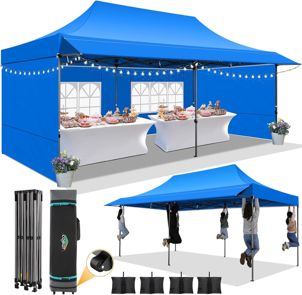 COBIZI 10x20 Pop Up Canopy Tent with Awning & Sidewalls, Heavy Duty Commercial 10X20 Canopy Tents Instant Waterproof, UPF 50+ Sun Shade for Outdoor, Parties, Markets (Blue)