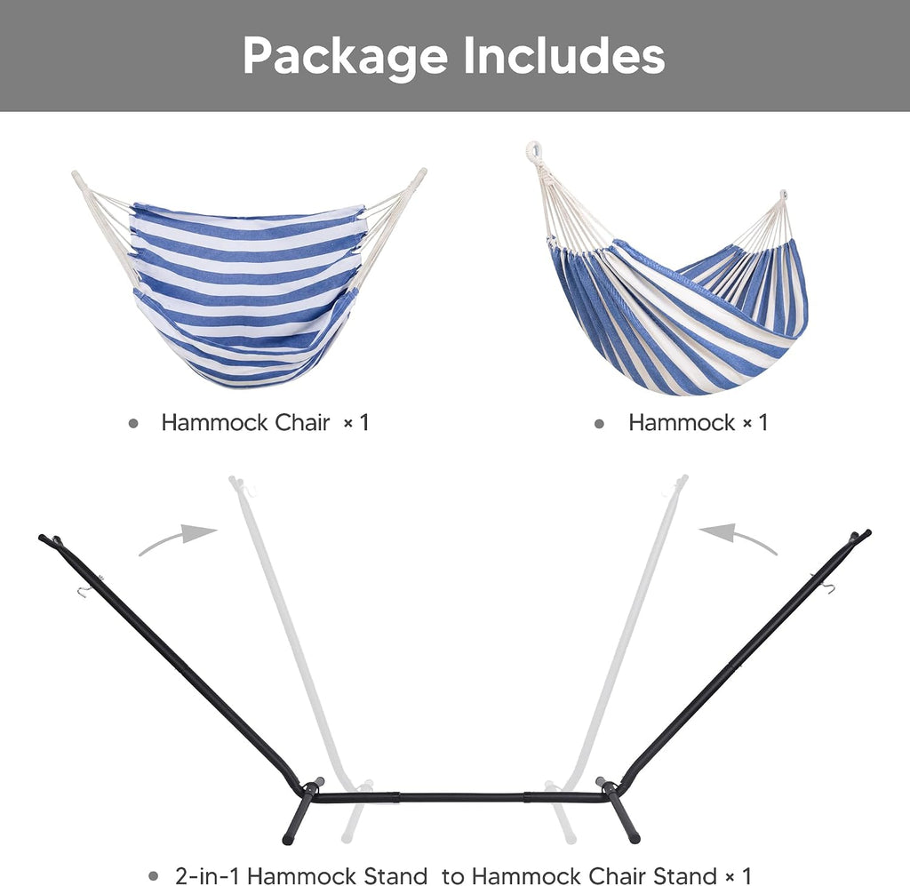 SUNCREAT 2-in-1 Convertible Backyard Fabric Hammock with Stand, Large Hammocks for Outside, Blue White