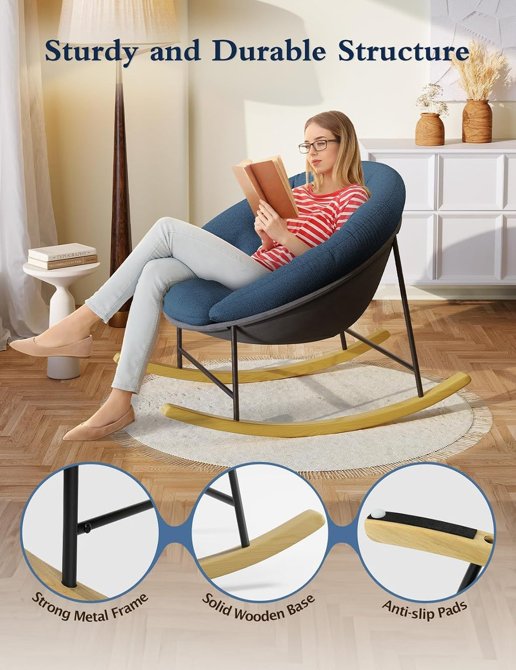 Kidirect Wide Rocking Chair Nursery, Comfy Saucer Nursery Rocking Chairs with Removable Cushion, Indoor Papasan Nursing Chair for Breastfeeding, Mecedora para Adultos for Living Room & Bedroom (Blue)