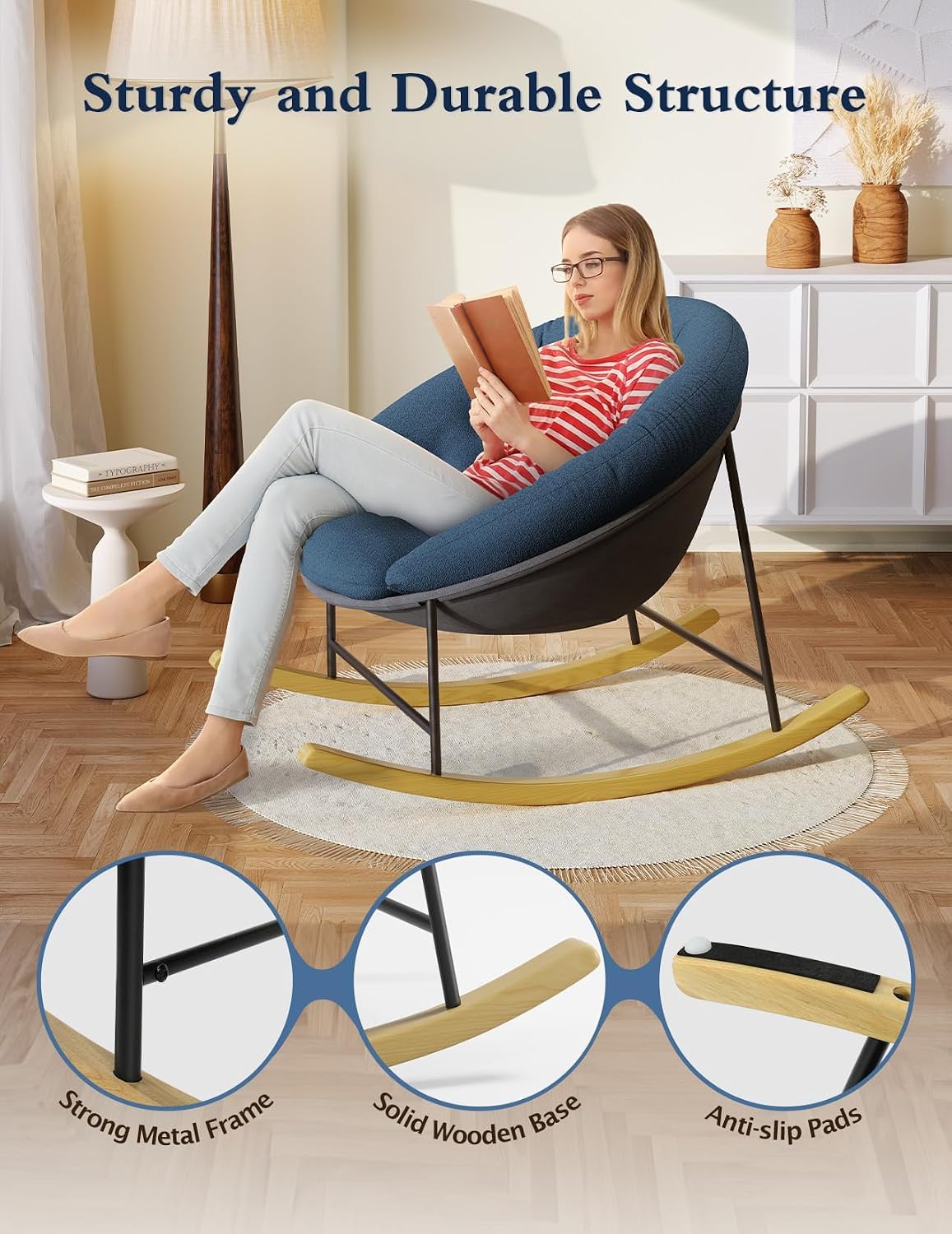 Kidirect Wide Rocking Chair Nursery, Comfy Saucer Nursery Rocking Chairs with Removable Cushion, Indoor Papasan Nursing Chair for Breastfeeding, Mecedora para Adultos for Living Room & Bedroom (Blue)