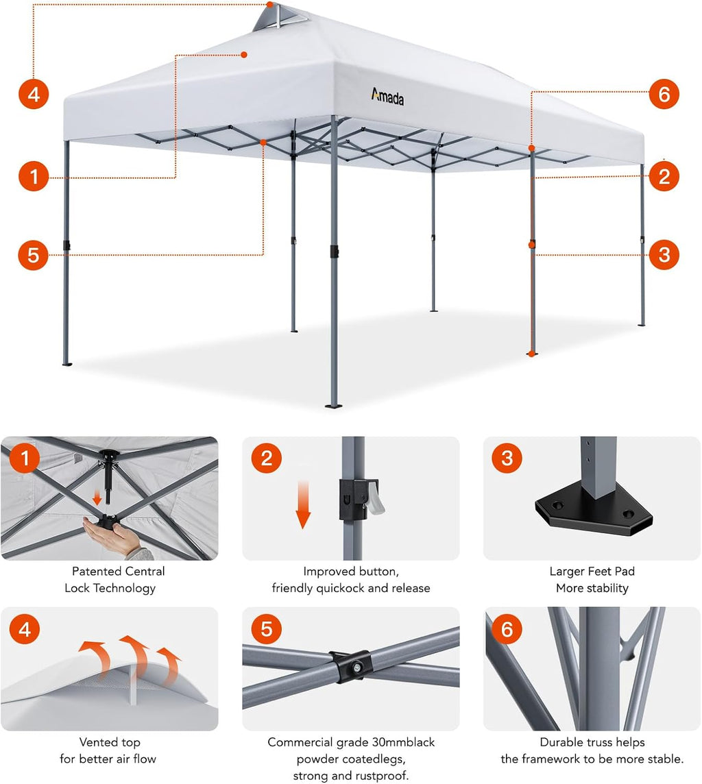 Amada 20x10 Pop Up Canopy Tent - Center Lock One Push Commercial Instant Canopies with 3-Height Adjustable & Wheeled Bag, 12 Stakes 6 Sandbags 6 Ropes, Great for Trade Shows, Events (20x10ft, White)
