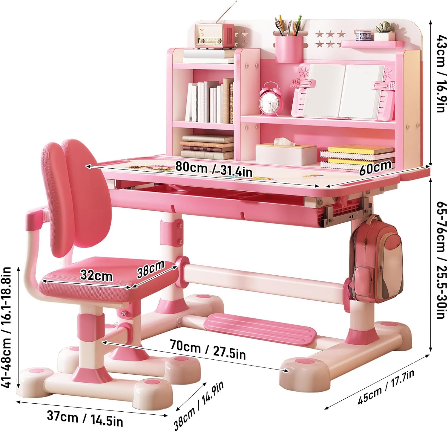 Kids Desk and Chair Set, Ergonomic Height Adjustable Kids Desk with Cartoon Pattern, Widened and Tilt Desktop, Book Stand, Steel Hook and Storage Drawer for Boys & Girls 3+ (Pink 1)