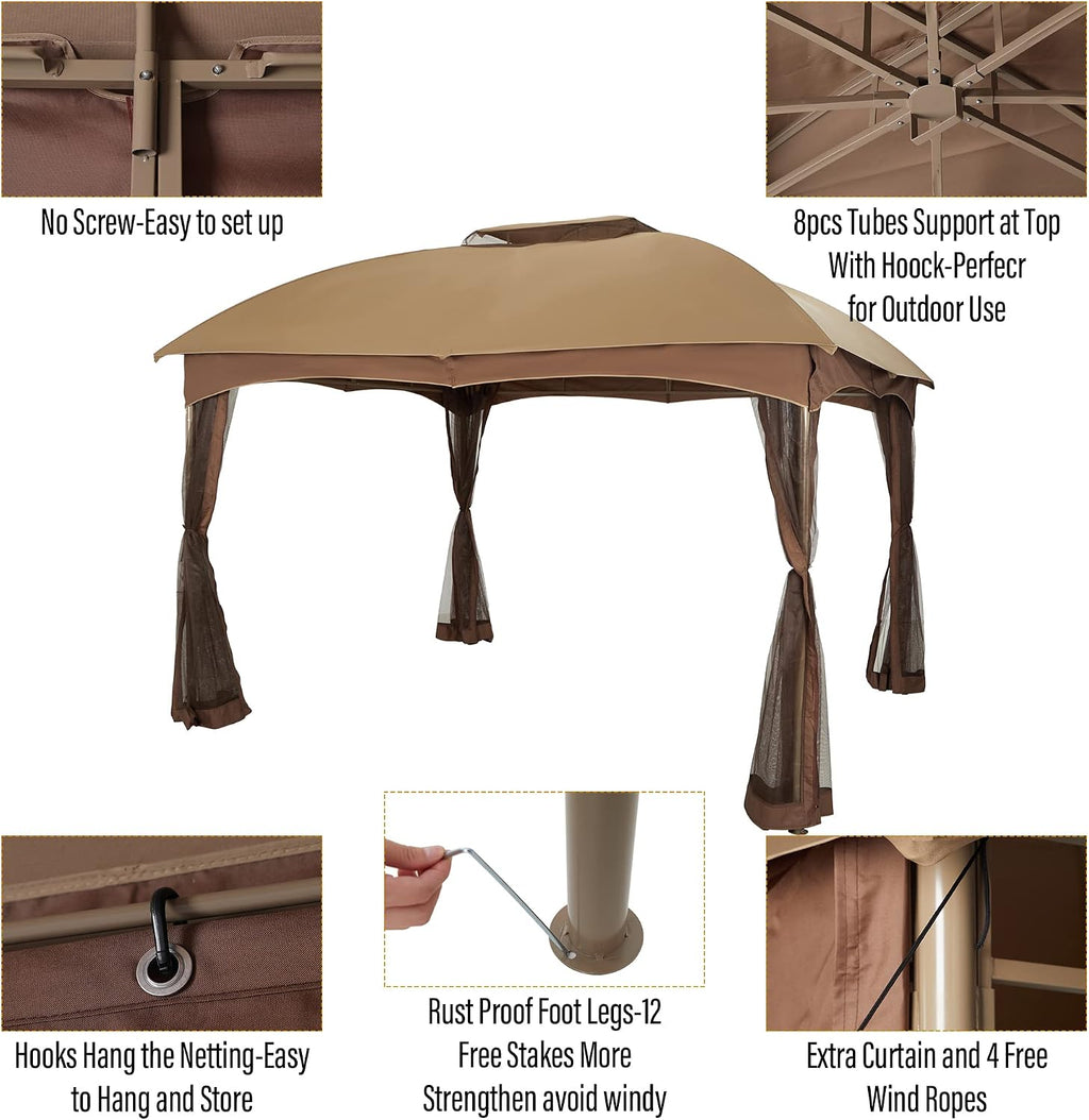 PHI VILLA 10x12 Gazebo Canopy for Patio, Double Vent Outdoor Canopy Gazebo with Netting, Screen Patio Gazebo Heavy Duty for Garden Deck Khaki