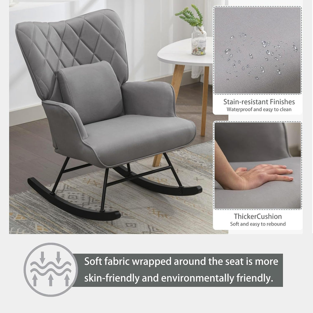 Modern Upholstered Rocking Chair with Ottoman – High Back Glider for Nursery, Living Room, or Bedroom – Comfortable Armchair with Lumbar Support & Sturdy Wood Rockers (Grey Fabric)