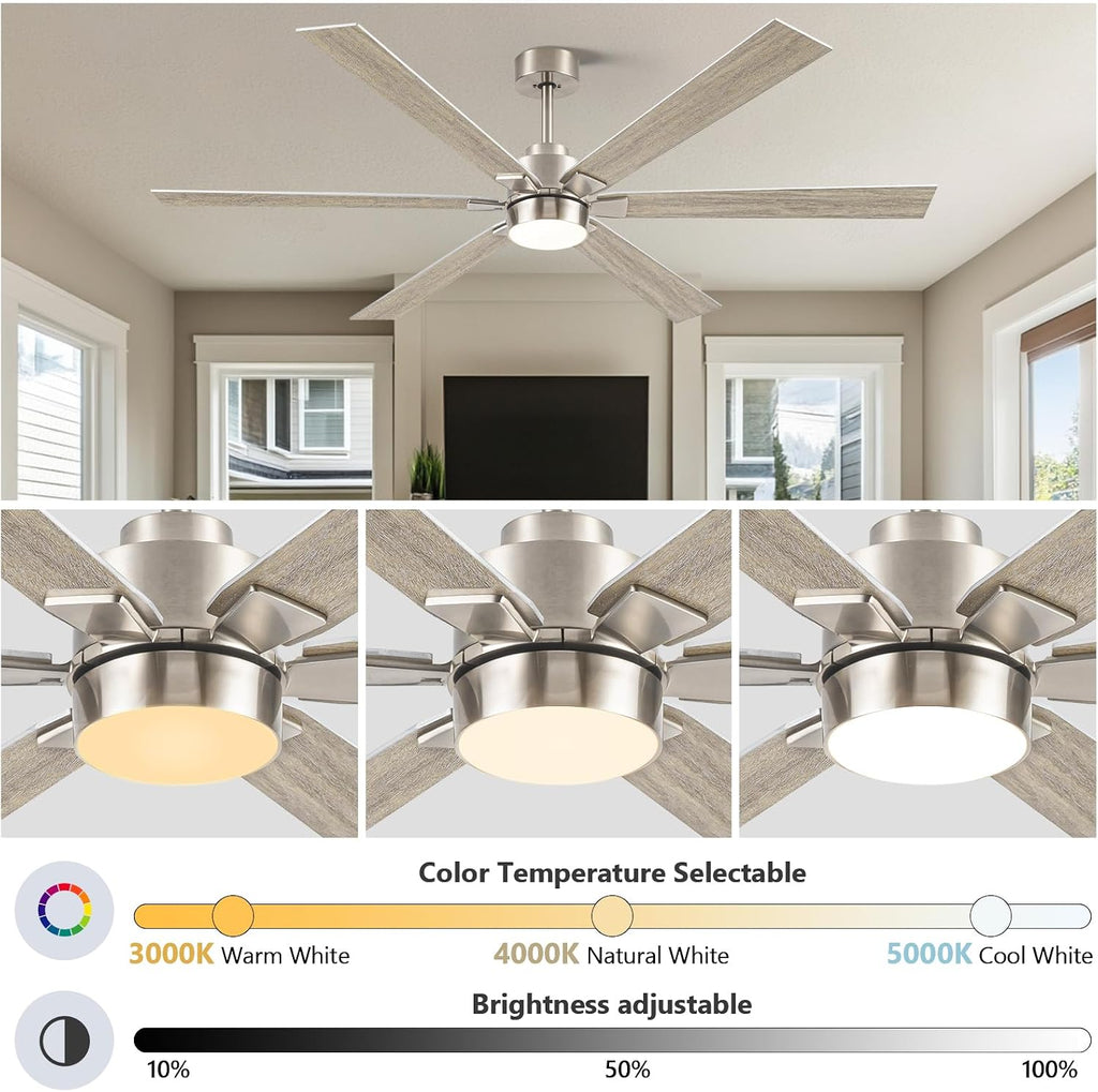Outdoor Ceiling Fans for Patios with Light, 66 inch Large Ceiling Fans with Lights, Modern Indoor Exterior Large Airflow Commercial Ceiling Fan for Gazebo Porch Garage, Dual Finish-Nickel & Oak Gray