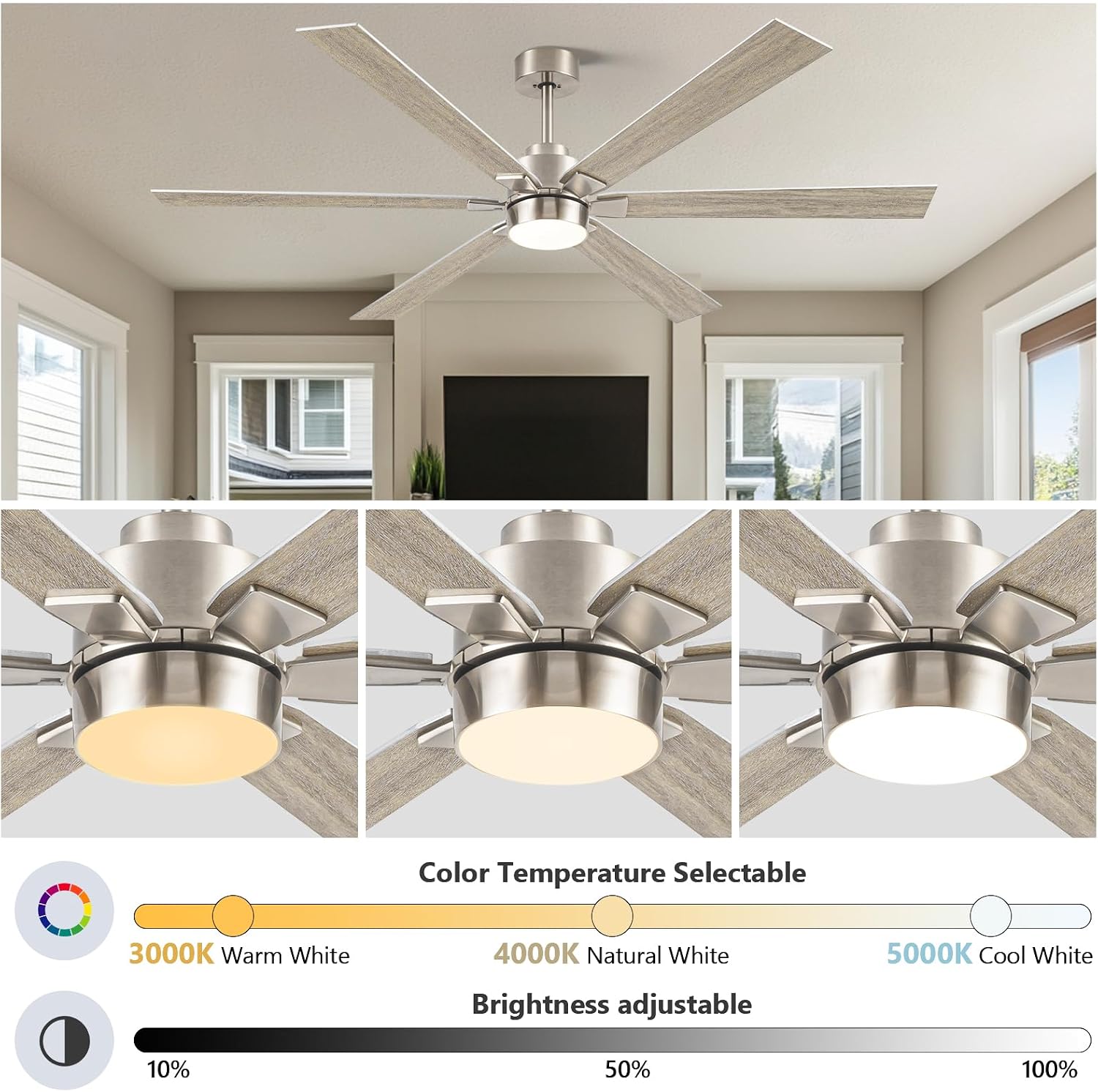 Outdoor Ceiling Fans for Patios with Light, 66 inch Large Ceiling Fans with Lights, Modern Indoor Exterior Large Airflow Commercial Ceiling Fan for Gazebo Porch Garage, Dual Finish-Nickel & Oak Gray