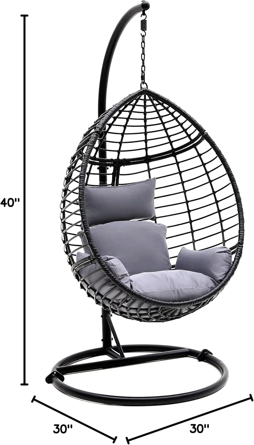SereneLife Black Wicker Rattan Hanging Egg Chair – Indoor/Outdoor Swing Chair with Washable Cushions, Powder-Coated Steel Frame, Weather-Resistant Hammock Seat for Patio, Porch, Garden