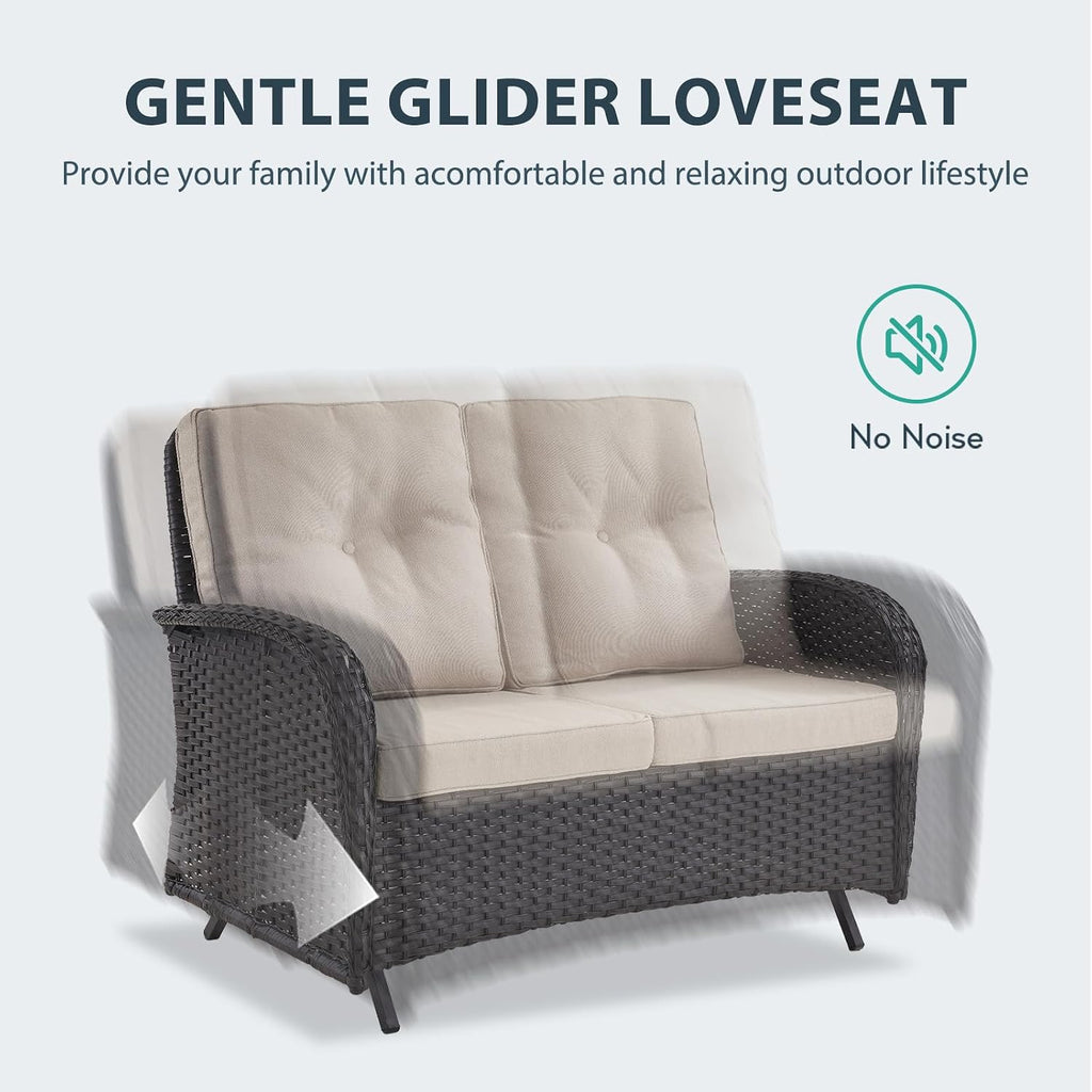 5 Piece Patio Furniture Set - Wicker Patio Conversation Set with Swivel Glider, Glider Loveseat, Tempered Glass Side Table and Coffee Table for Deck Backyard - Black Wicker Beige Cushion