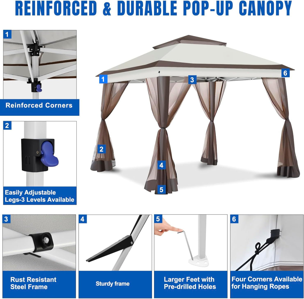 Yesker 10x10 Pop Up Canopy Tent w Mesh Netting Sidewall Vented Top - Heavy Duty Outdoor Canopy, Easy Setup Shelter Gazebo Waterproof 10x10 Popup Tnets for Patio Backyard Parties & Events, Khaki Brown