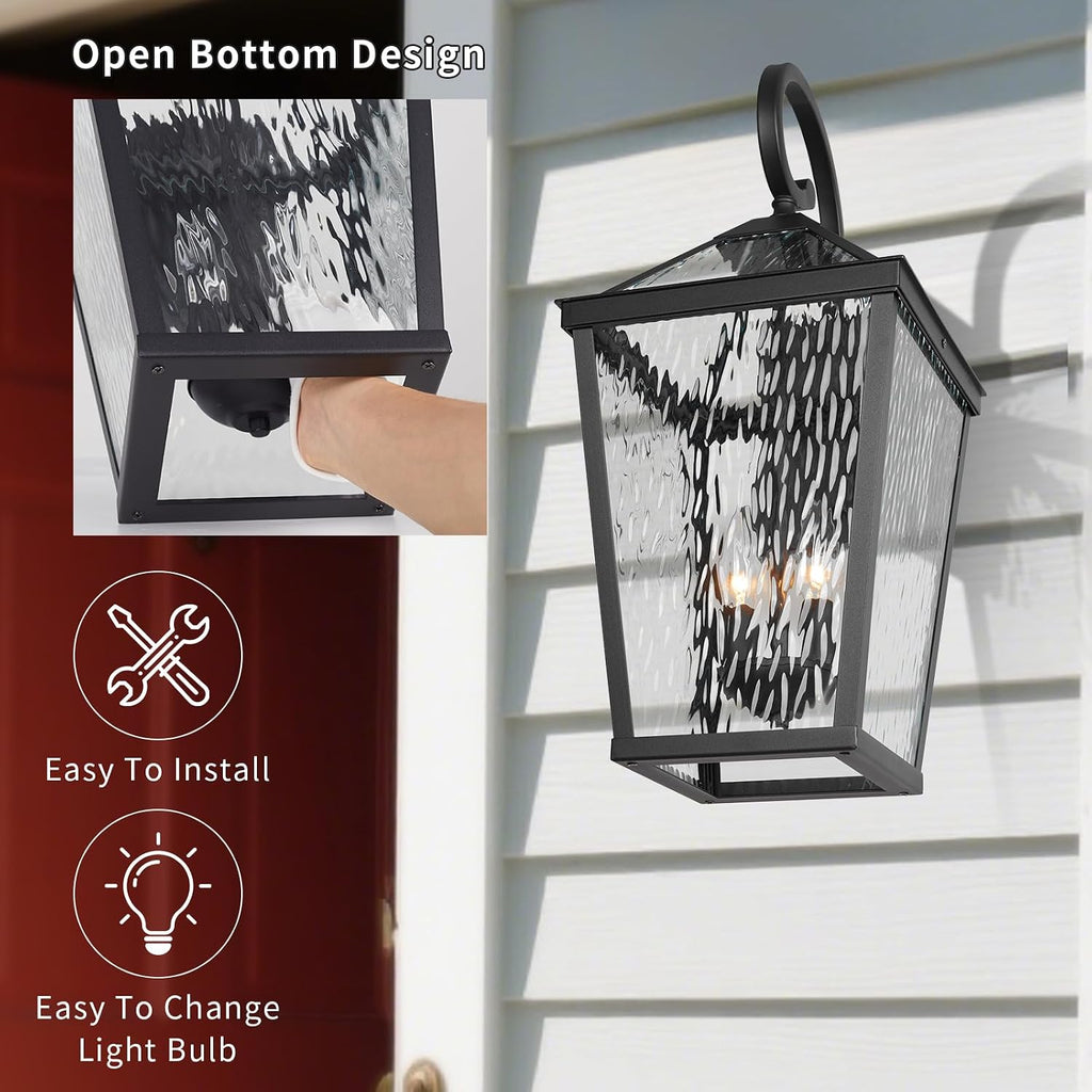 Treekee Outdoor Wall Light Fixture, Modern Waterproof Exterior Wall Lantern with E12 Sockets & Water Ripple Glass, Matte Black Rustic Wall Sconce Porch Lamp for Patio, Garage, Yard, Front Door, Garden