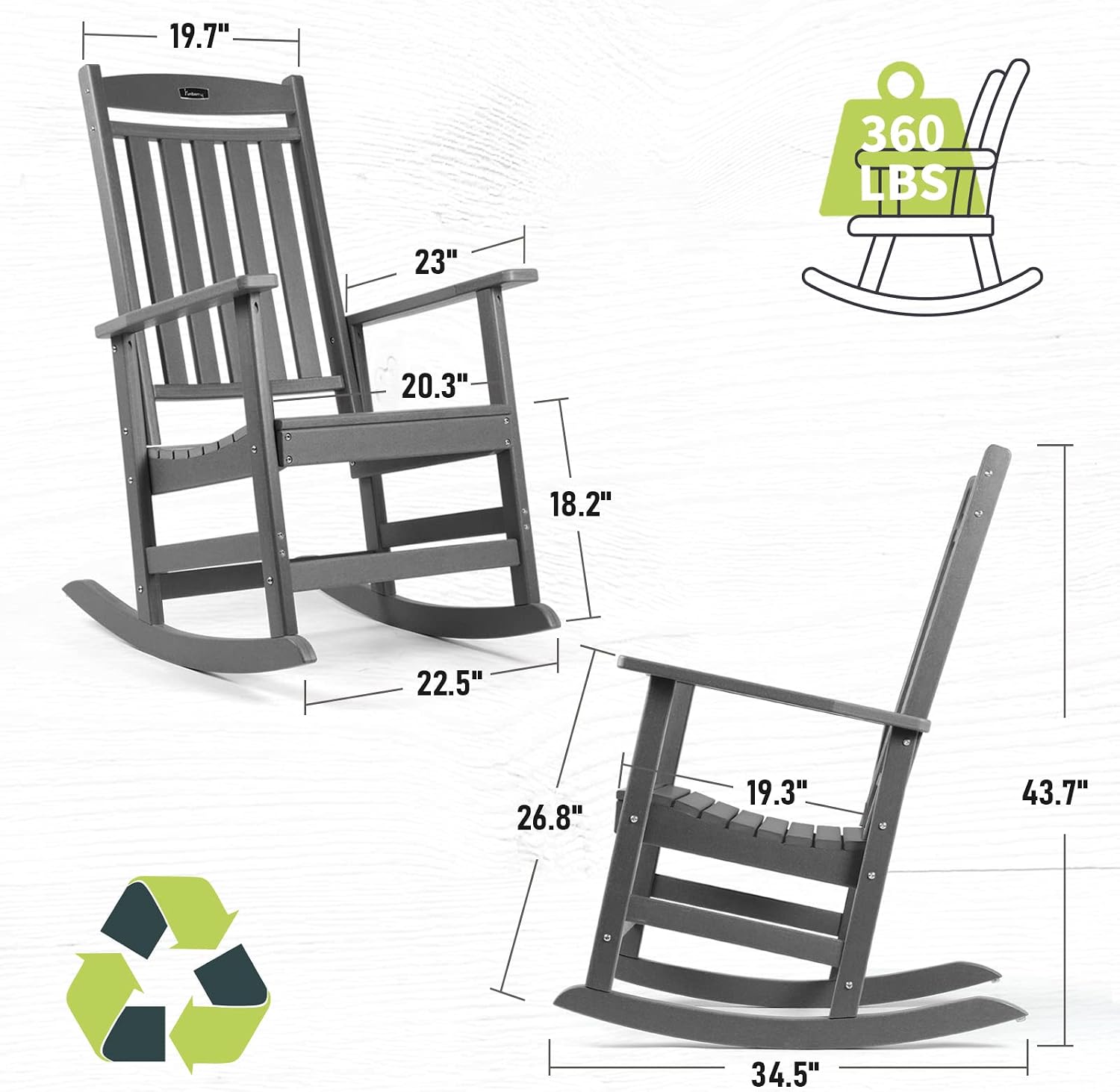 FUNBERRY Outdoor Rocking Chairs Set of 2, HDPE All Weather Poly Lumber Rocker, High Back Patio Rockers Easy Assembly