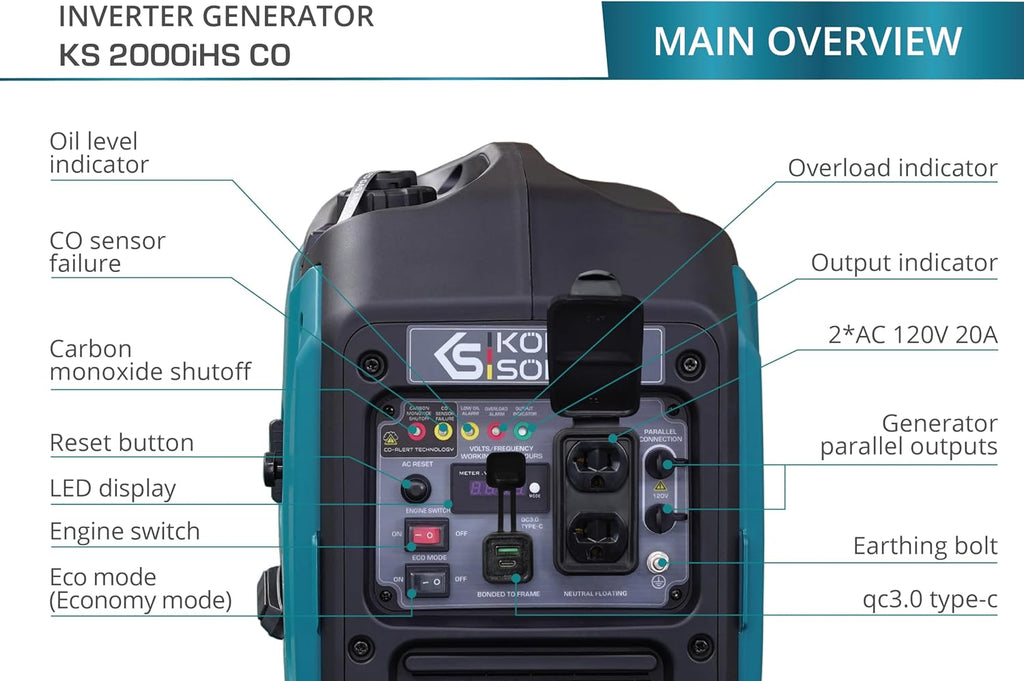 Konner&Sohnen Inverter Generator - 2000 W, Dual Fuel, Lightweight and Portable, Super Quiet with CO Sensor and Fuel-Efficient Technology, LPG/Gas Powered (German brand, model: KS 2000iHS CO)
