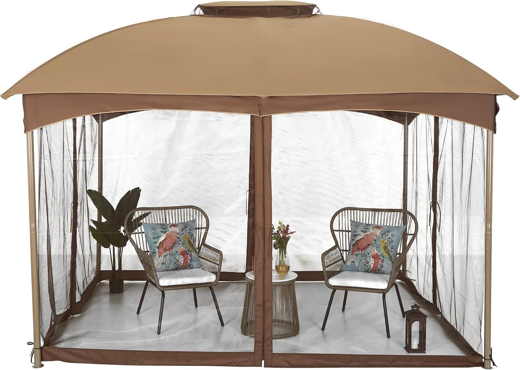 PHI VILLA 10x12 Gazebo Canopy for Patio, Double Vent Outdoor Canopy Gazebo with Netting, Screen Patio Gazebo Heavy Duty for Garden Deck Khaki