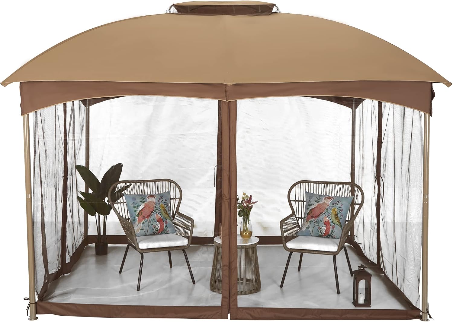 PHI VILLA 10x12 Gazebo Canopy for Patio, Double Vent Outdoor Canopy Gazebo with Netting, Screen Patio Gazebo Heavy Duty for Garden Deck Khaki