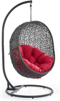 Modway Hide Wicker Rattan Outdoor Patio Porch Lounge Egg Swing Chair Set with Stand in Gray Red