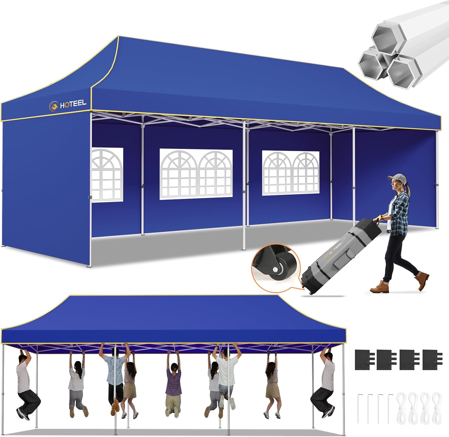 Hoteel 10x30 Pop Up Canopy Tent Heavy Duty with 5 Sidewalls, Waterproof Party Tent, Easy Set-up Commercial Instant Tents with Roller Bag & Sandbags, Hexagonal Leg (1-Year Warranty)