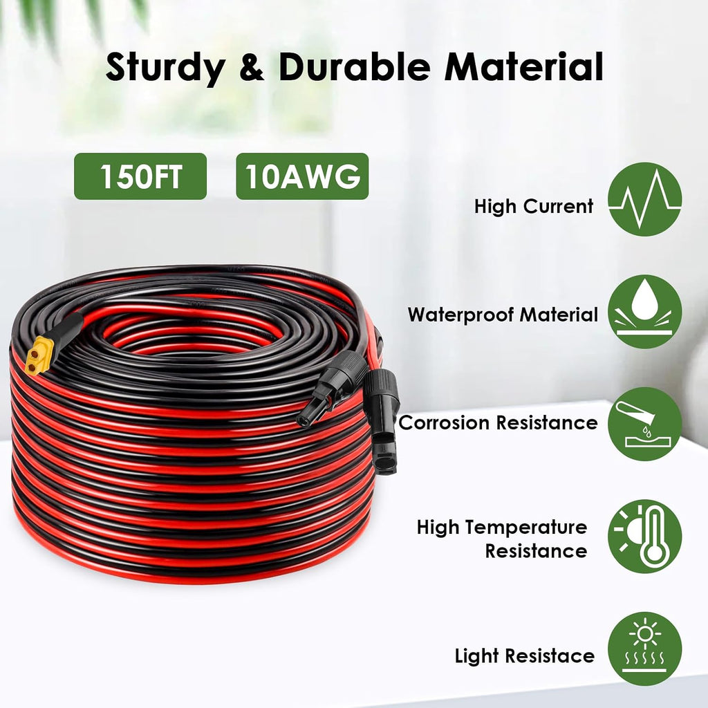 MOOKEERF Solar to XT60 Extension Cable 10AWG 150FT Solar Connector to XT60 Adapter Cable for Solar Panel to Portable Power Station Solar Generator Battery Pack