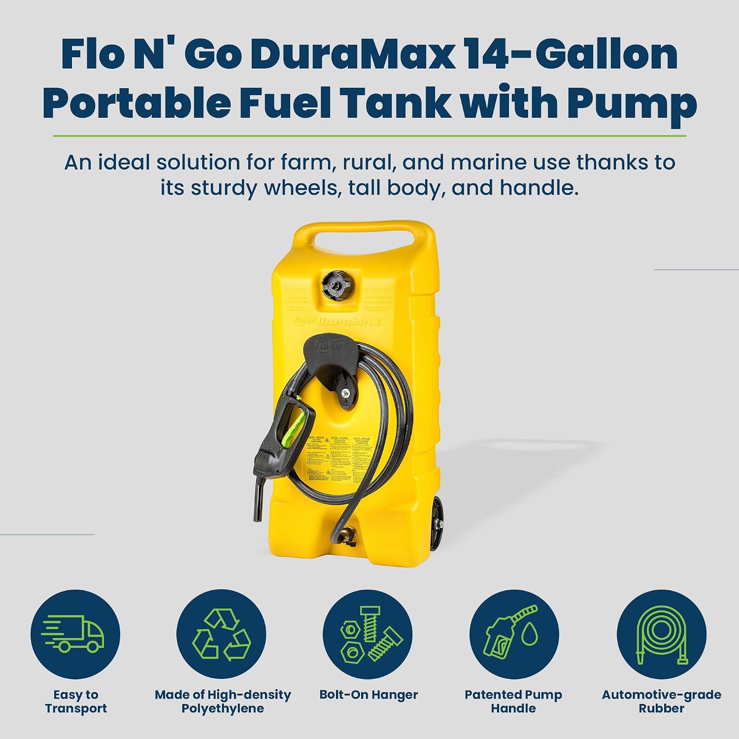 Scepter Flo N Go Duramax 14 Gallon Portable Diesel Gas Fuel Tank Container Caddy with LE Fluid Transfer Siphon Pump and 10 Foot Hose, 2 Pack, Yellow