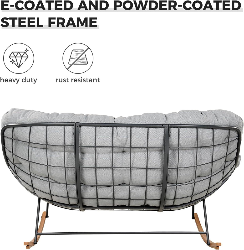 Grand patio Rocking Chair Outdoor, Oversized Papasan Rocking Chair for 2 with E-Coated Steel Frame and Thick Cushion, Comfy Loveseat Rocker for Patio Porch Deck, Grey