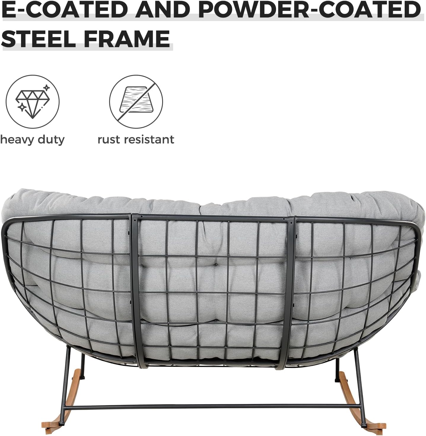 Grand patio Rocking Chair Outdoor, Oversized Papasan Rocking Chair for 2 with E-Coated Steel Frame and Thick Cushion, Comfy Loveseat Rocker for Patio Porch Deck, Grey