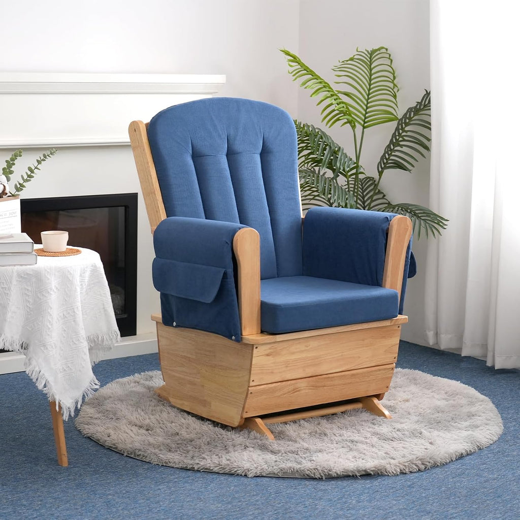 Stylish Modern Glider Rocker,Solid Wood Glider Gentle Rocking Chair with Padded Cushion, Water Oil Resistant Fabric, Applicable to Read,Watch,Sleep, Blue