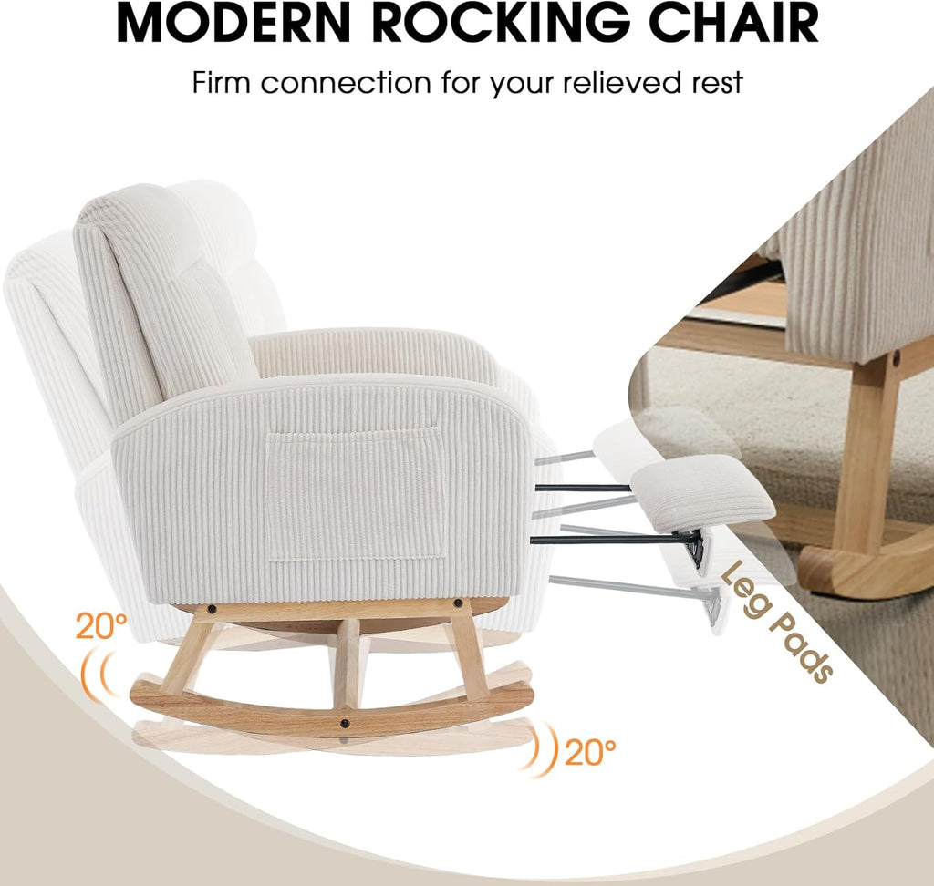 NIOIIKIT Nursery Rocking Chair, Corduroy Upholstered Rocking Chair with Adjustable Footrest, Tufted Rocker Chair with Side Pocket, Glider Rocker for Living Room (Cream Casual)