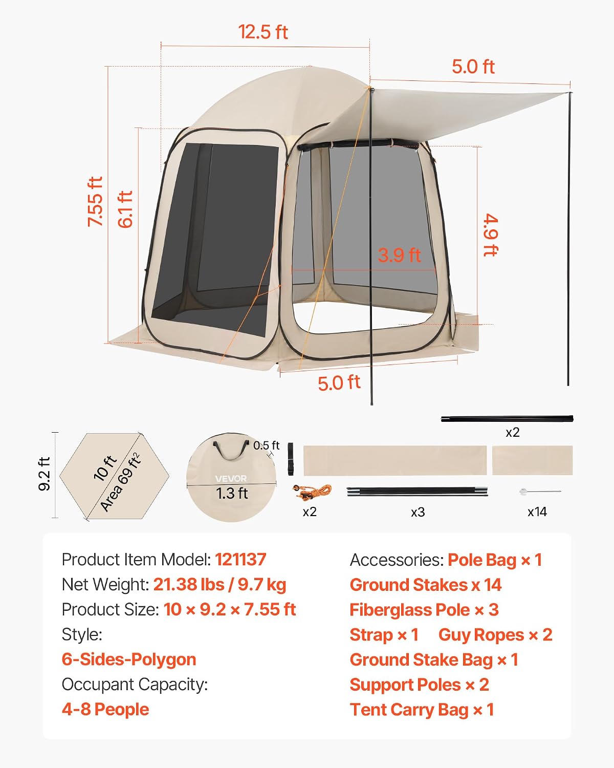 Pop Up Screen House Tent VEVOR 10 x 9.2 FT Pop-Up Screen Room with Awning, Portable Screen Tent Gazebo for 4–8 Person, Instant Screen Canopy with Carry Bag for Patio Backyard Camping