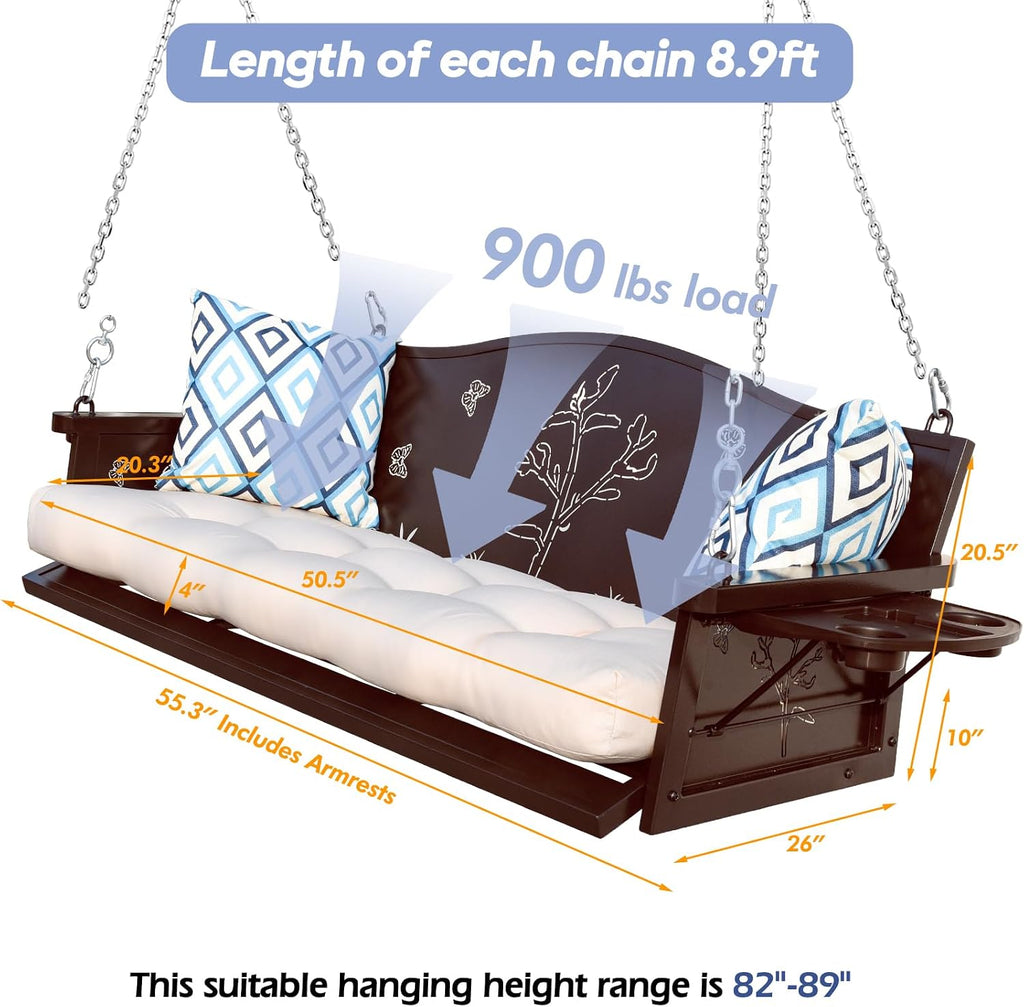 3-Seat Metal Porch Swing 900 LBS Heavy Duty Hanging Bench with Upgraded Tray & Cushions Rust-Resistant Finish Swing Chair with 8.9FT Chains for Patio Lawn Garden