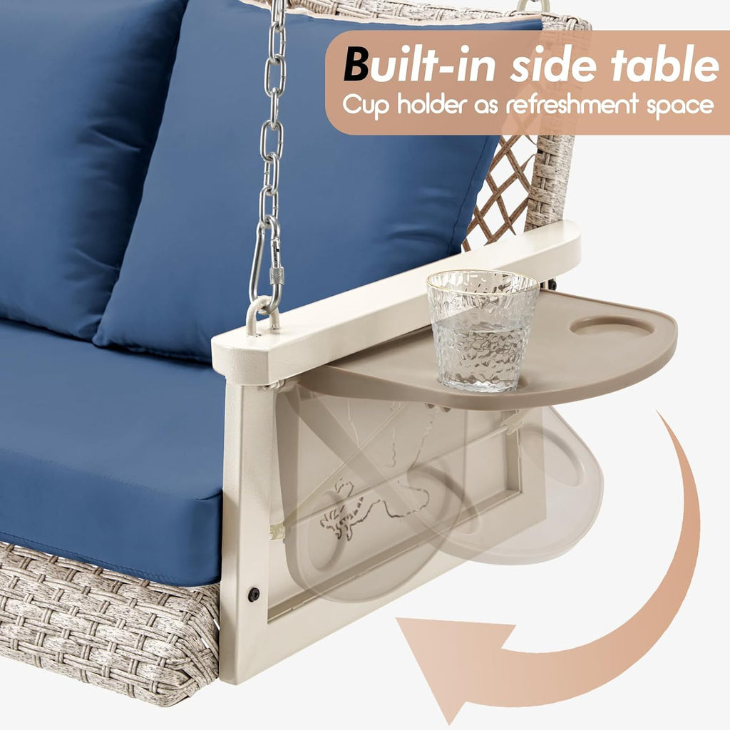 ZZW Upgraded Wicker Hanging Porch Swing Heavy Duty 900 LBS 3-Seat Outdoor Patio Swing Chair Bench for Adult w/ 8.9ft Hanging Chains Cushions and Cup Holder(Grey/Blue)