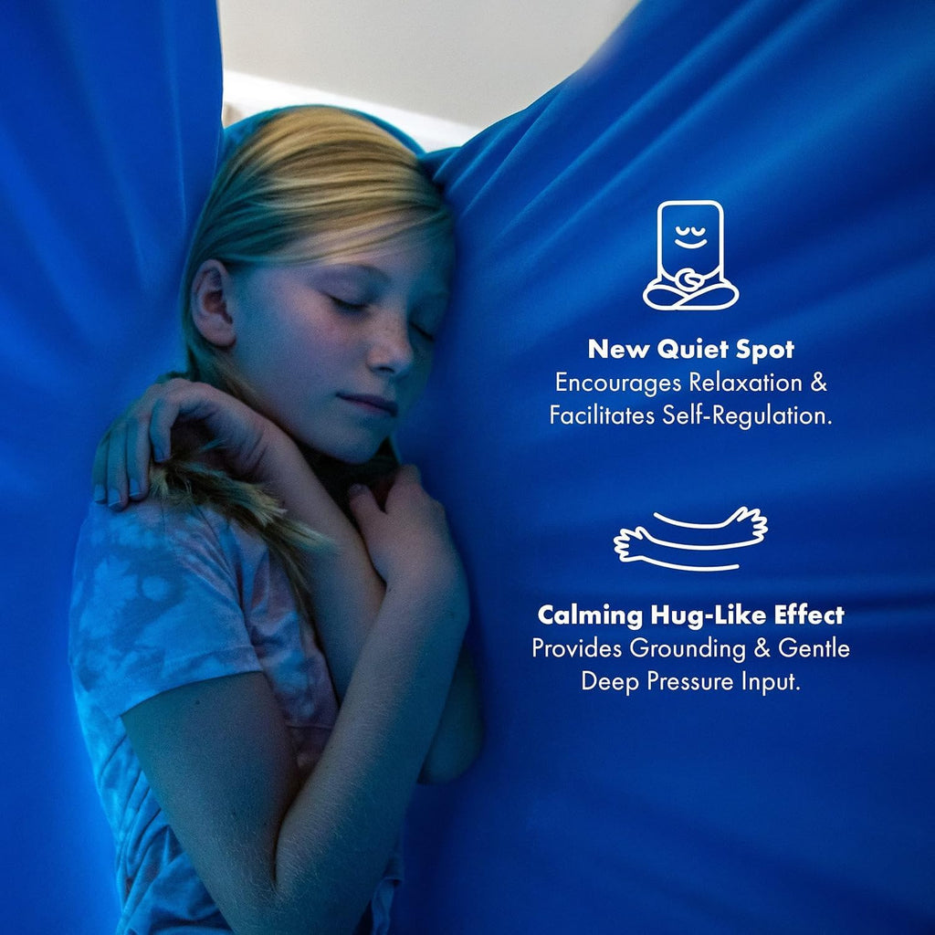 Harkla Sensory Swing for Kids & Adults - Holds 300lbs, Indoor Outdoor Sensory Swing for Hug Like Calming Effect - Durable Soft Stretch Fabric and Heavy Duty Hardware (Blue, 100' Swing + 5' Swivel)