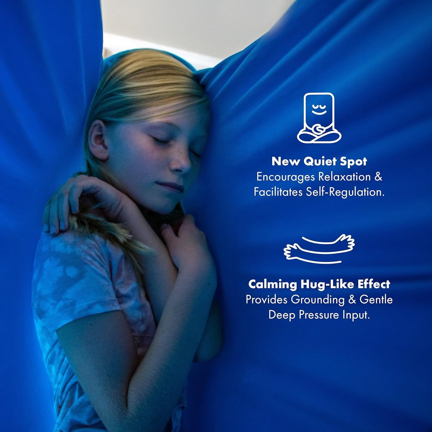 Harkla Sensory Swing for Kids & Adults - Holds 300lbs, Indoor Outdoor Sensory Swing for Hug Like Calming Effect - Durable Soft Stretch Fabric and Heavy Duty Hardware (Blue, 100' Swing + 5' Swivel)