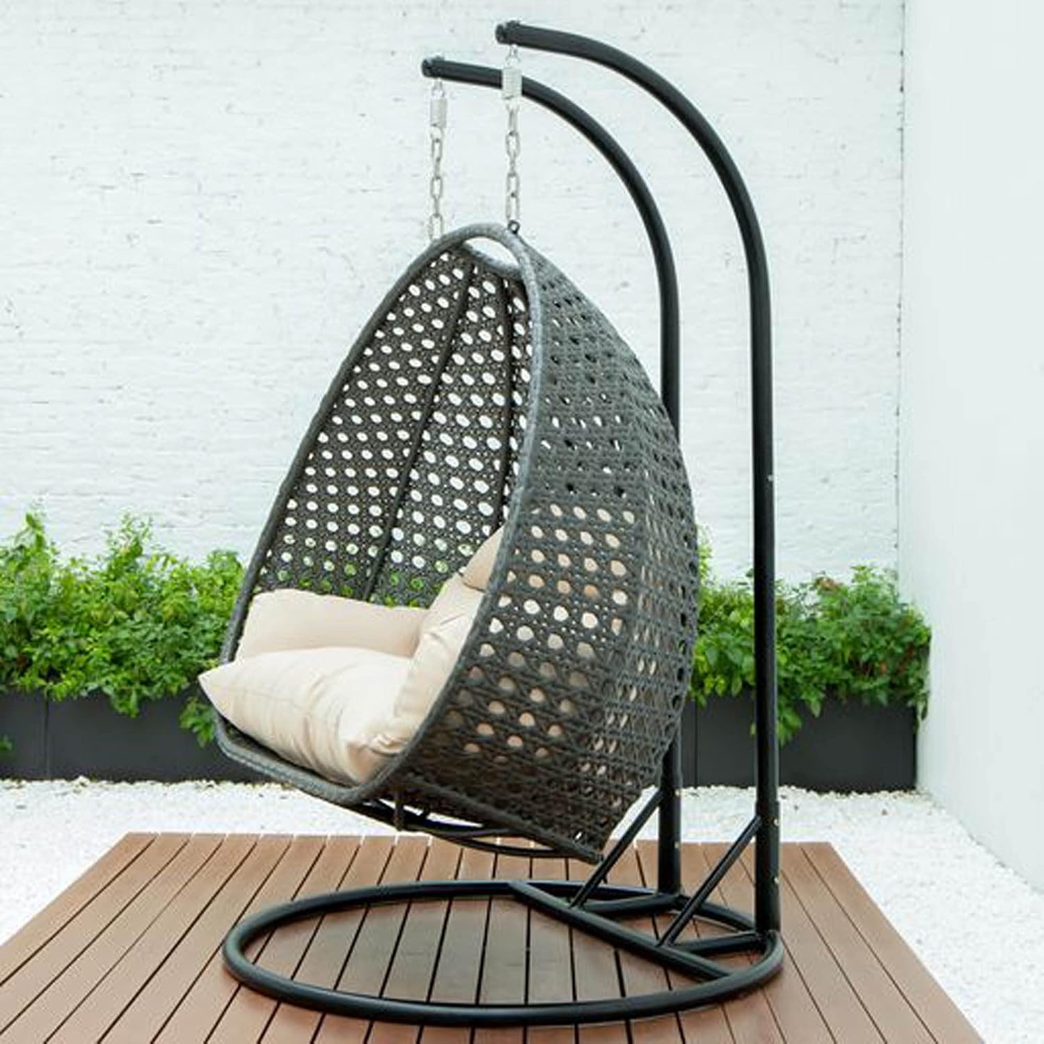 LeisureMod 2 Person Wicker Hanging Egg Chair with Stand & UV-Resistant Cushions for Indoor/Outdoor, Patio, Lounge, Hammock Seat, Beige