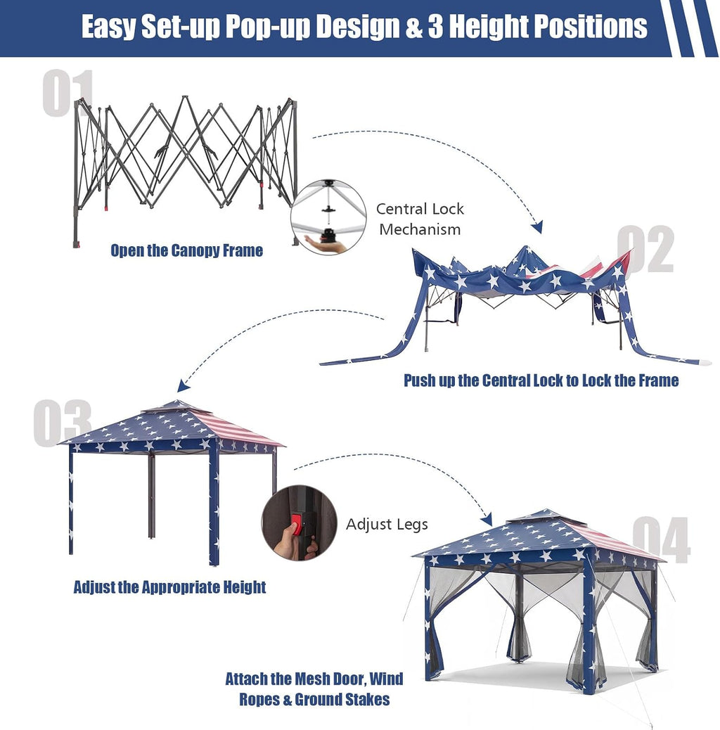 Tangkula 11x11 Ft Pop up Gazebo, 2-Tier Outdoor Patio Gazebo with Netting, Carry Bag, 121 Square Feet of Shade for Backyard, Deck, Poolside